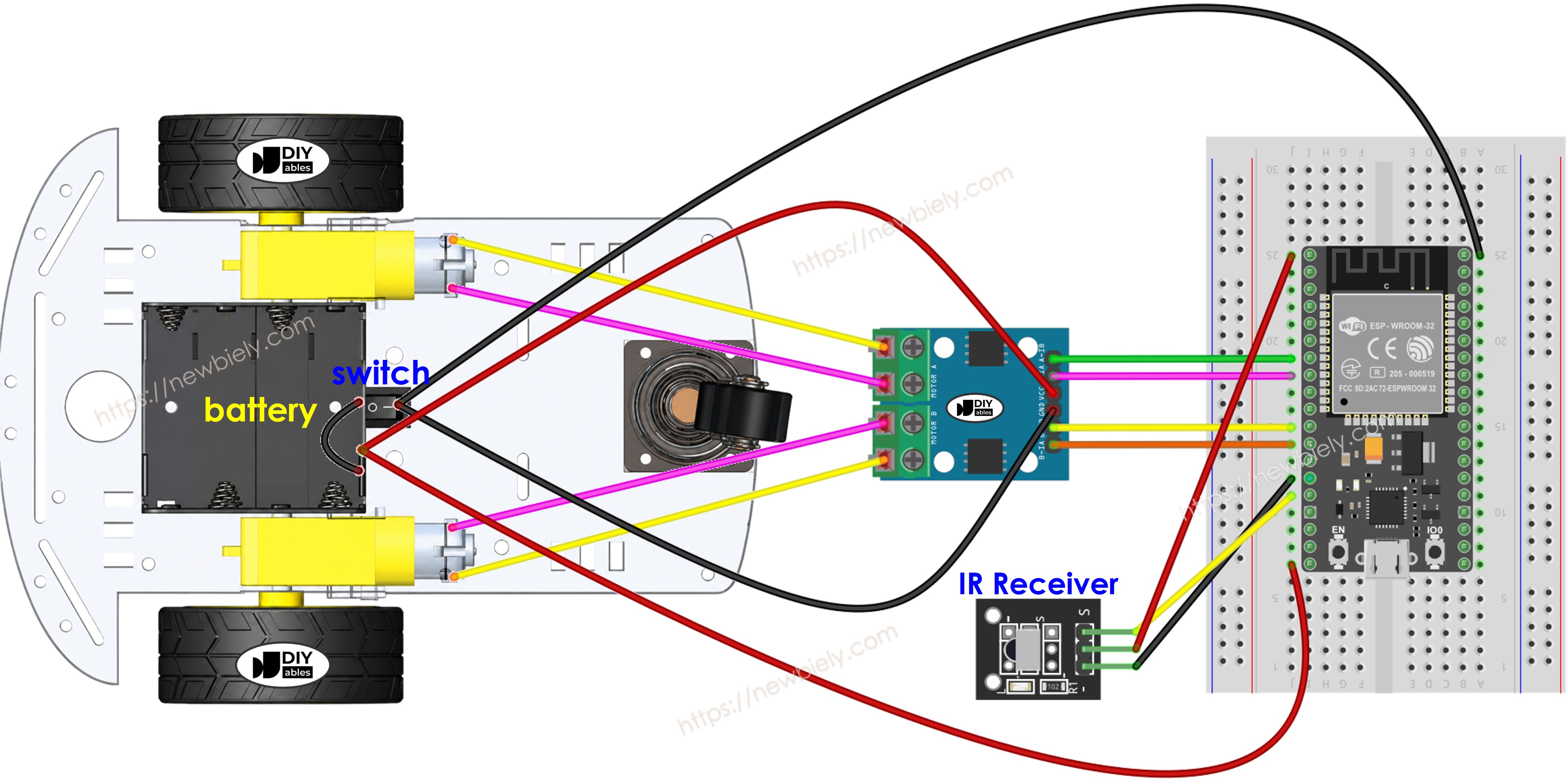 Schéma de câblage de la voiture robot 2WD ESP32 sur une breadboard