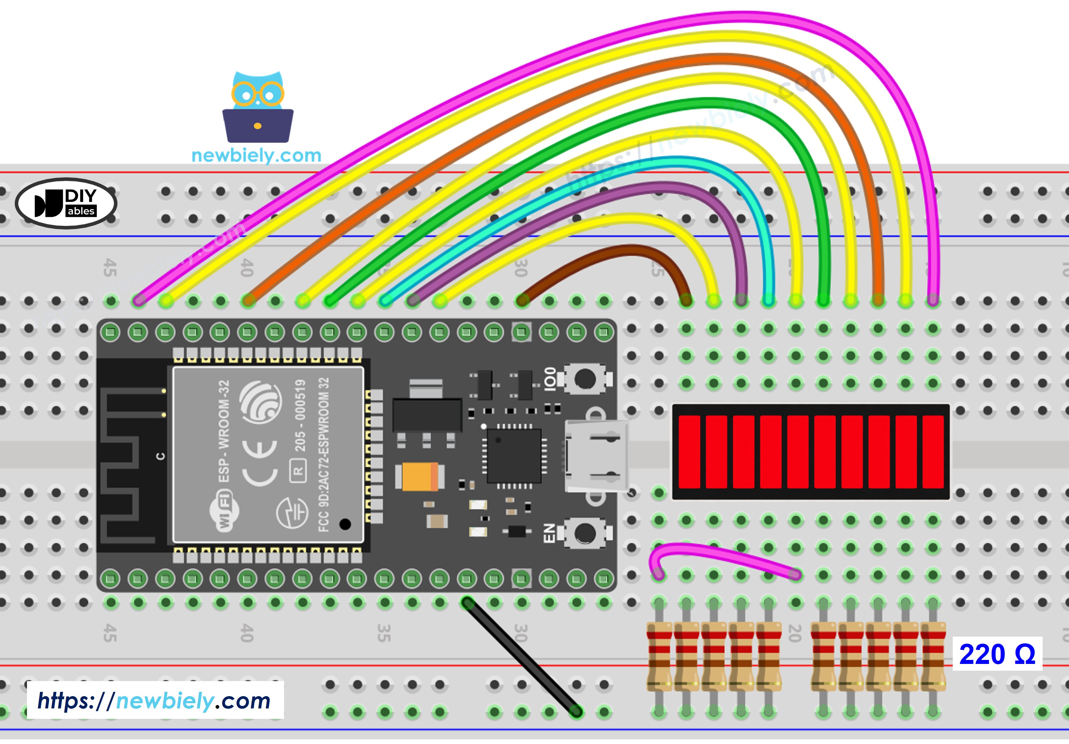 Schéma de câblage ESP32 bargraphe LED - Breadboard