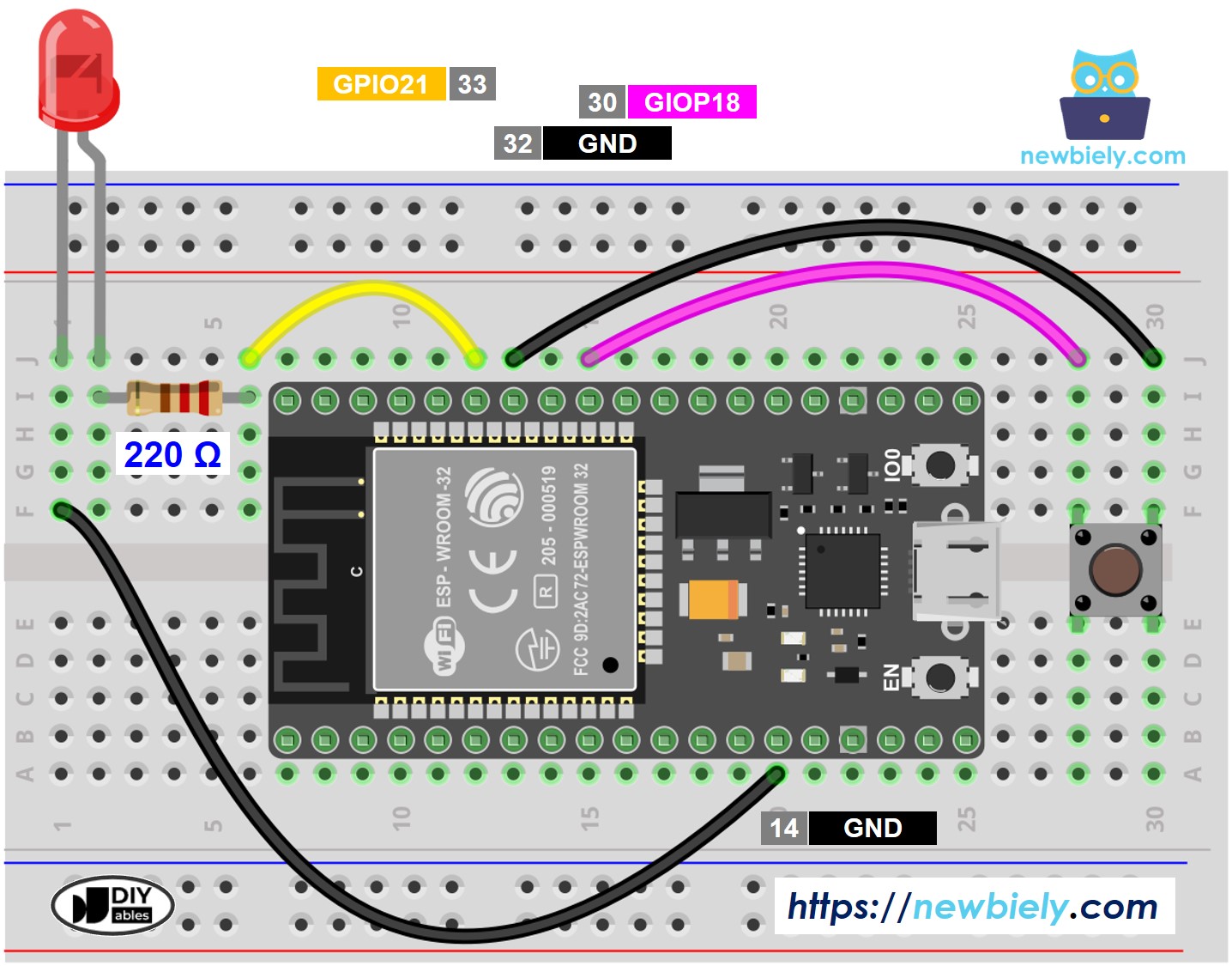 Schéma de câblage ESP32 MicroPython bouton et DEL