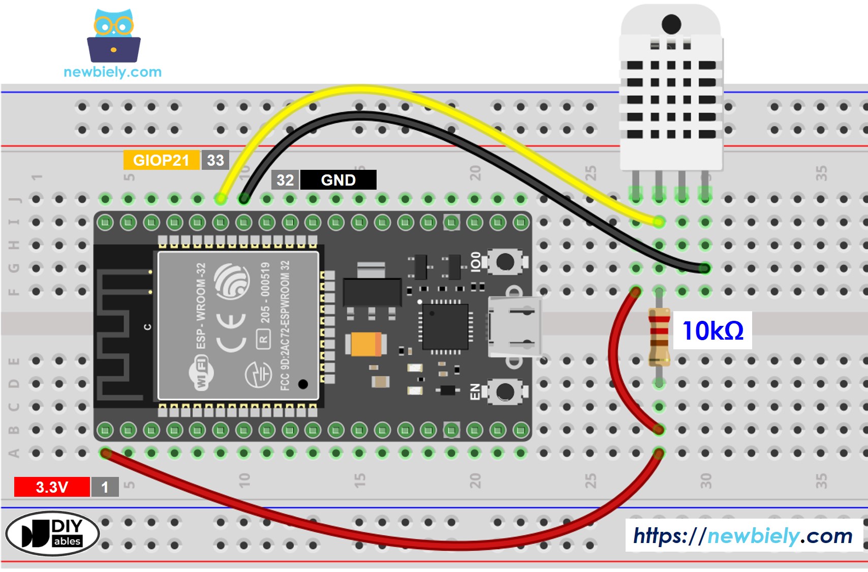 Schéma de câblage du capteur DHT22 pour ESP32 MicroPython température et humidité