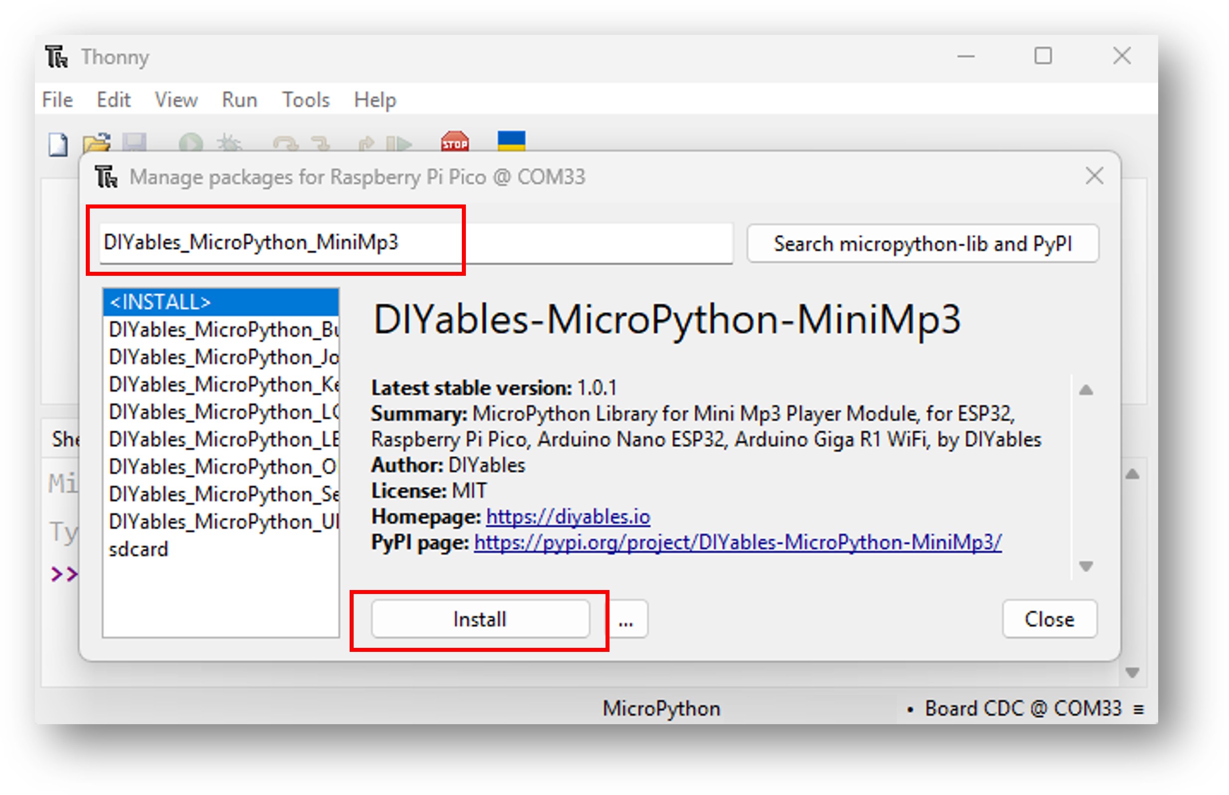 Bibliothèque ESP32 MicroPython Mini Mp3 Player