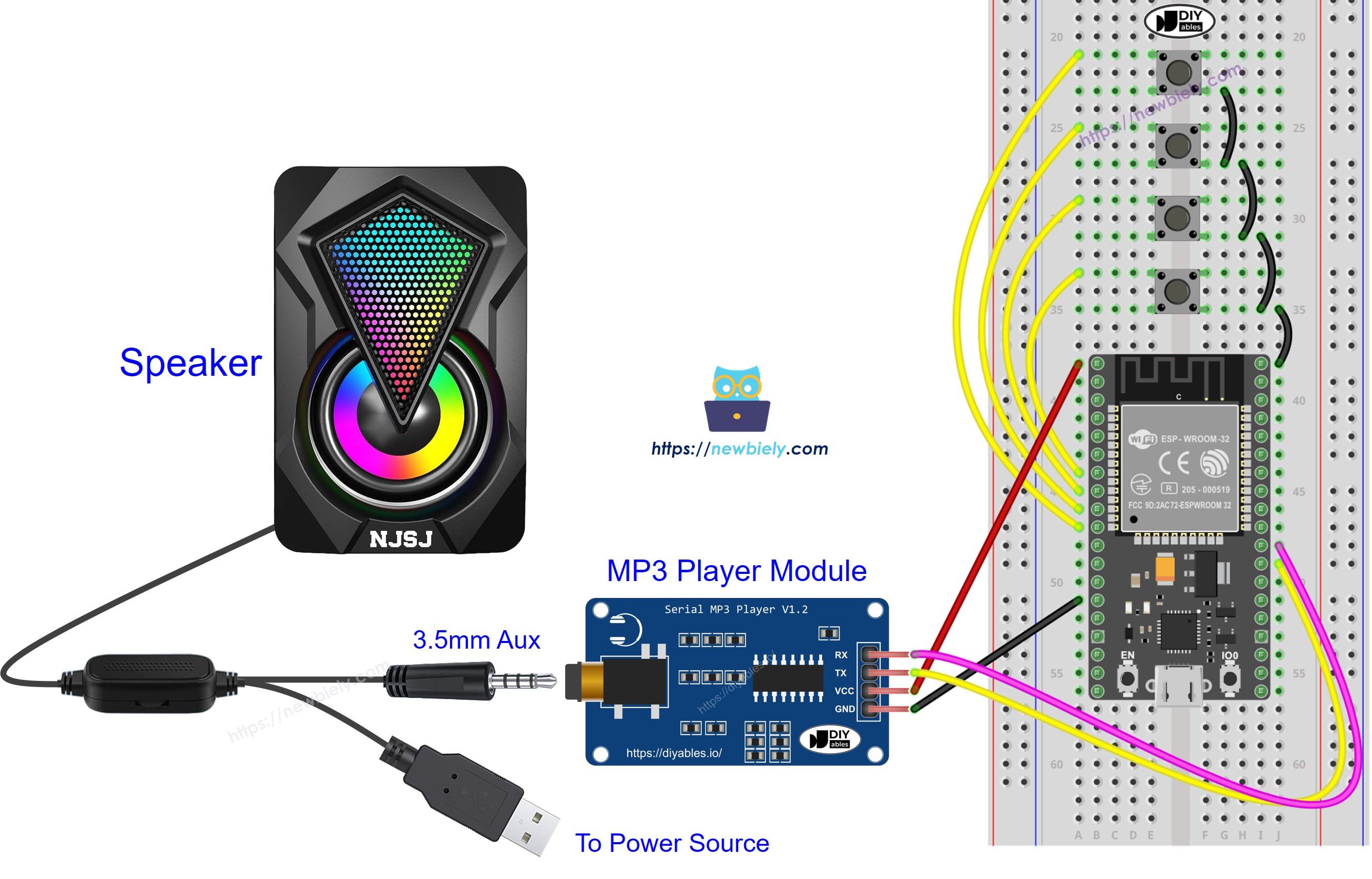 Schéma de câblage ESP32 MicroPython pour lecteur MP3 et haut-parleur