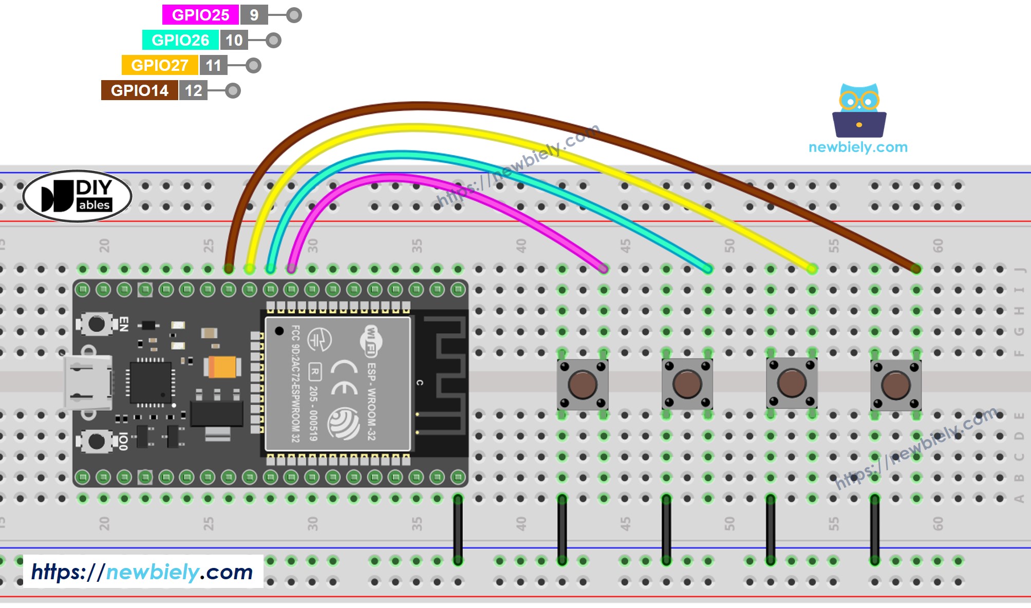 Schéma de câblage ESP32 MicroPython pour 4 boutons