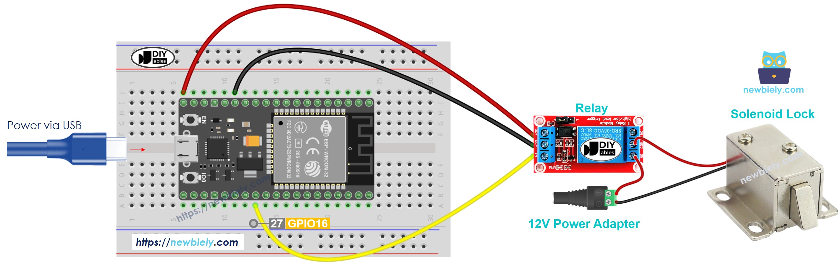 Schéma de câblage d'une serrure à solénoïde ESP32 MicroPython