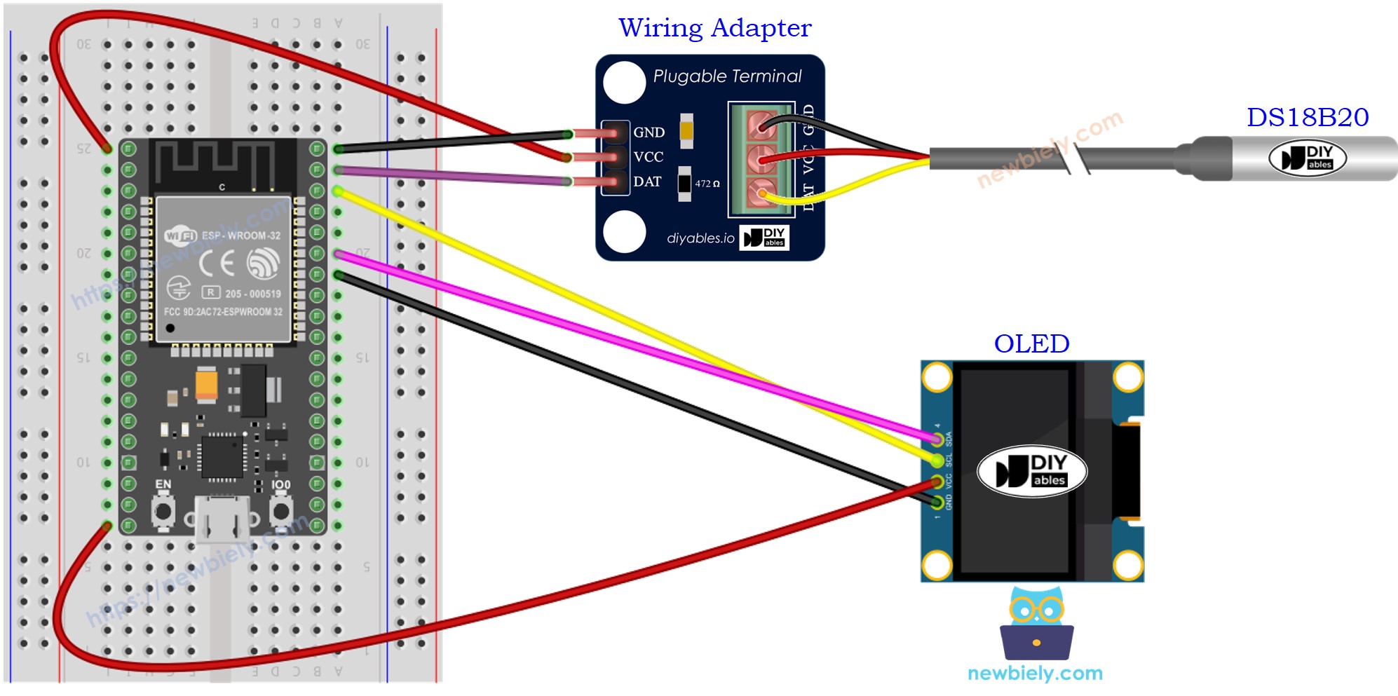 Schéma de câblage ESP32 MicroPython pour capteur de température et écran OLED