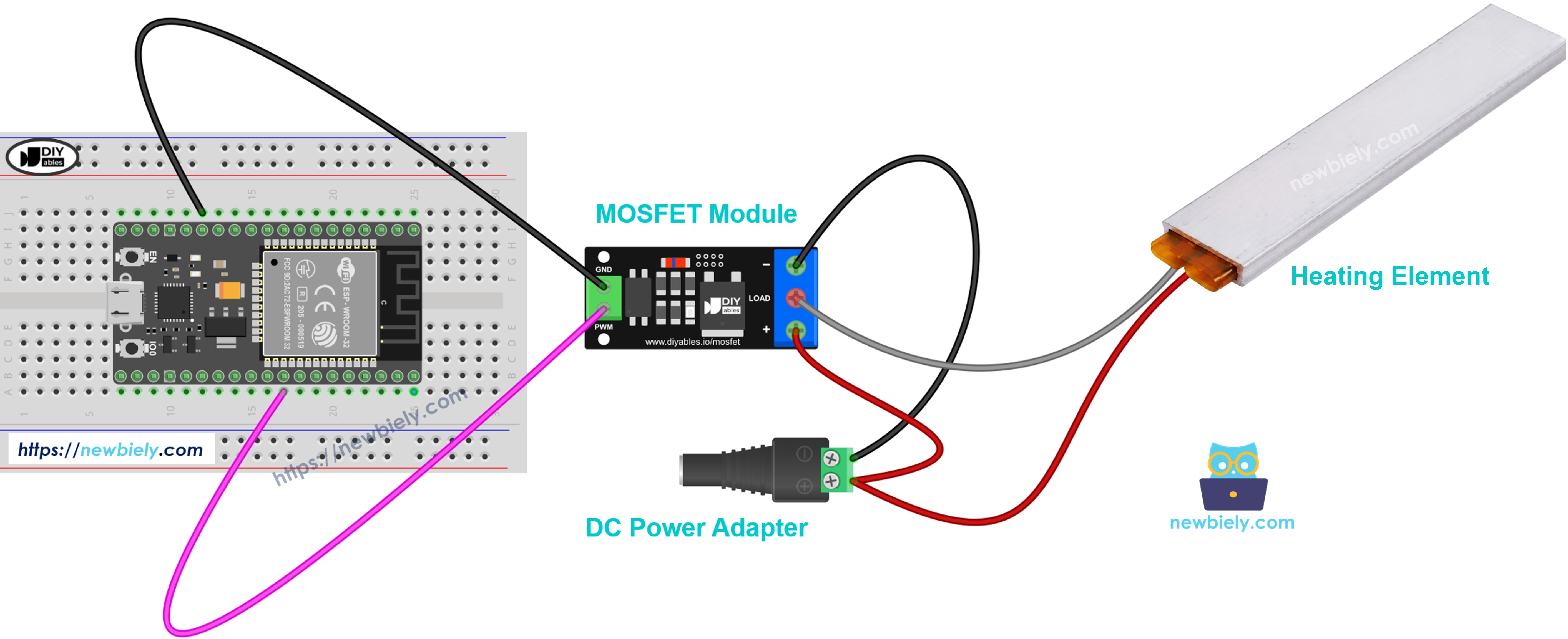 Schéma de câblage de l'ESP32, de l'élément chauffant et du module MOSFET