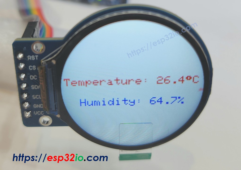 Écran TFT LCD rond ESP32 affiche du texte et un nombre.