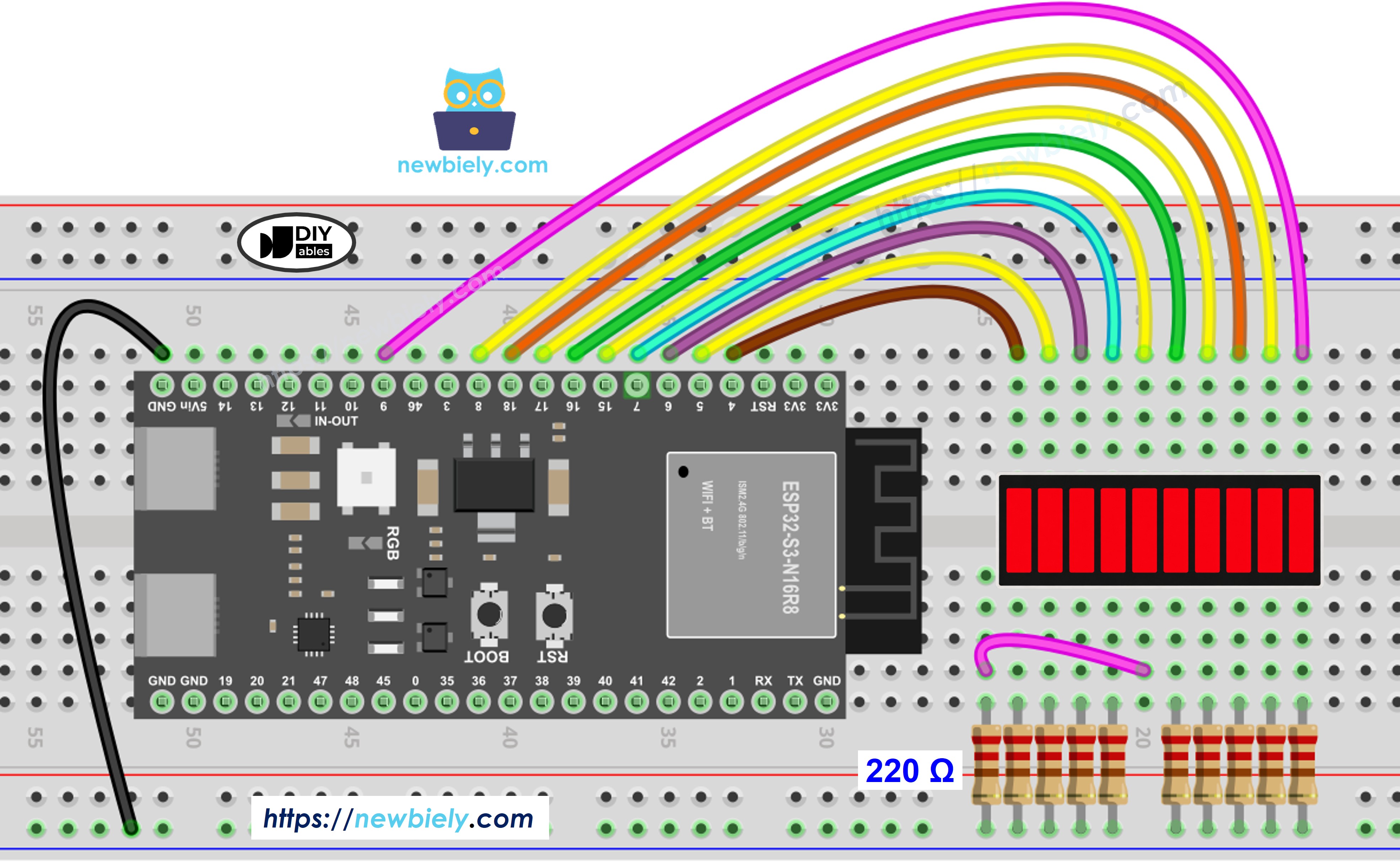 Schéma de câblage entre l'ESP32 S3 et le barregraphe LED à 10 segments