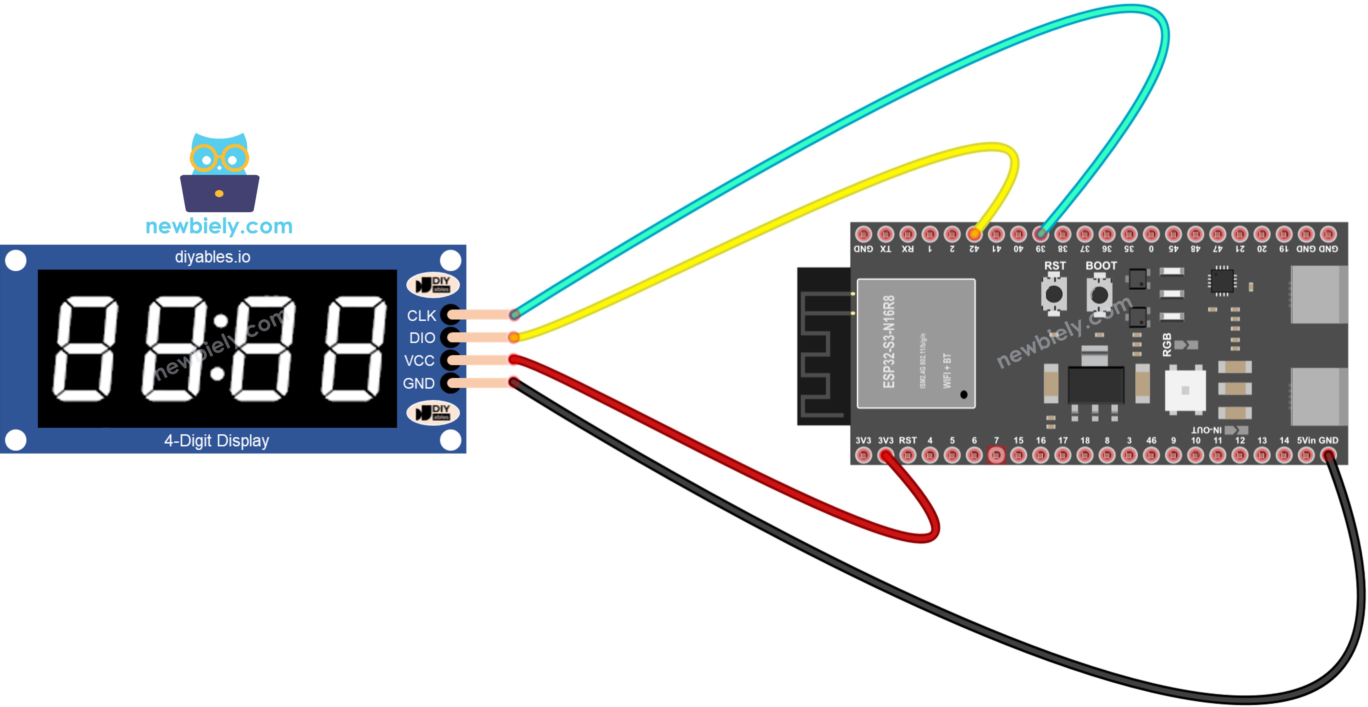 Schéma de câblage de l'écran 7 segments 4 chiffres TM1637 ESP32 S3