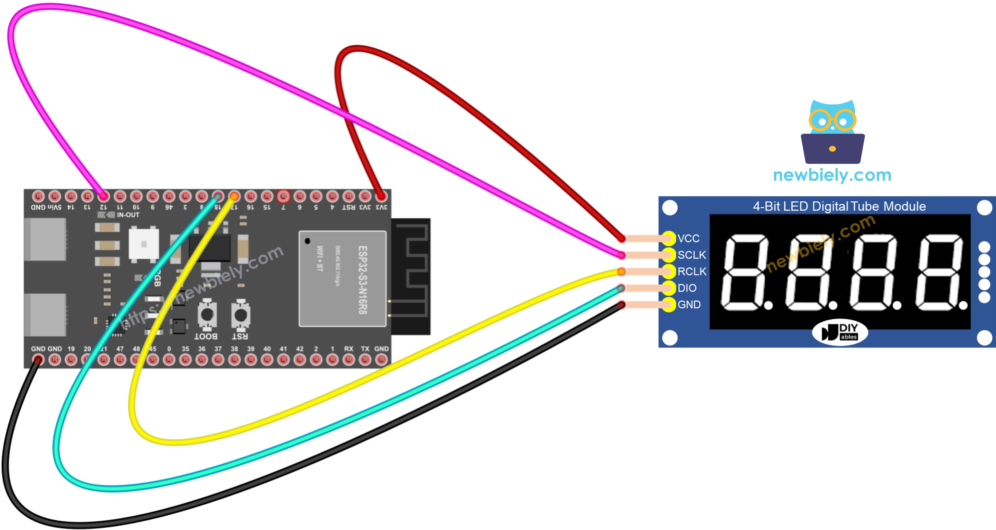 ESP32 S3 74HC595 4-Digit 7-Segment Display wiring diagram