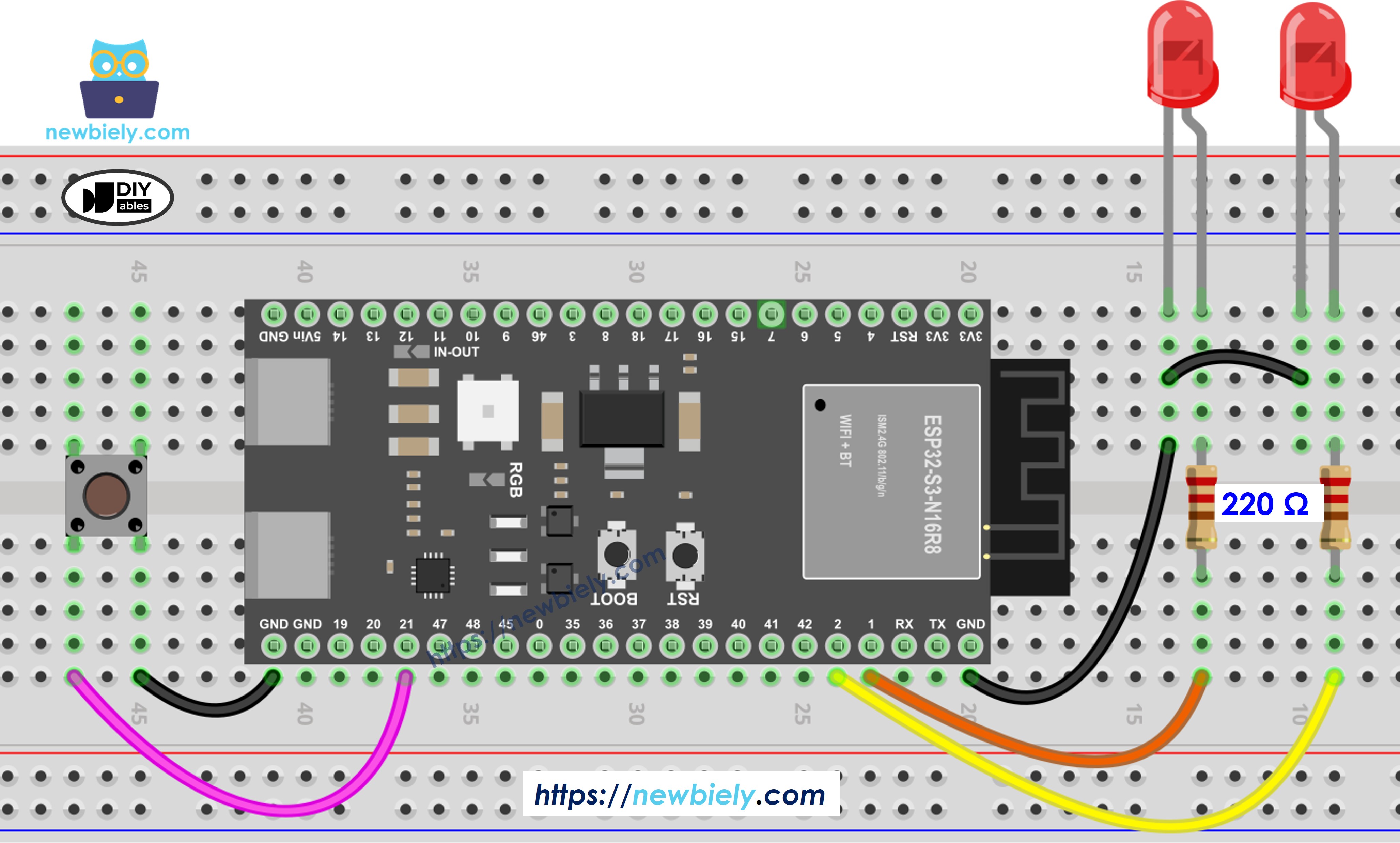 Schéma de câblage LED deux boutons ESP32 S3