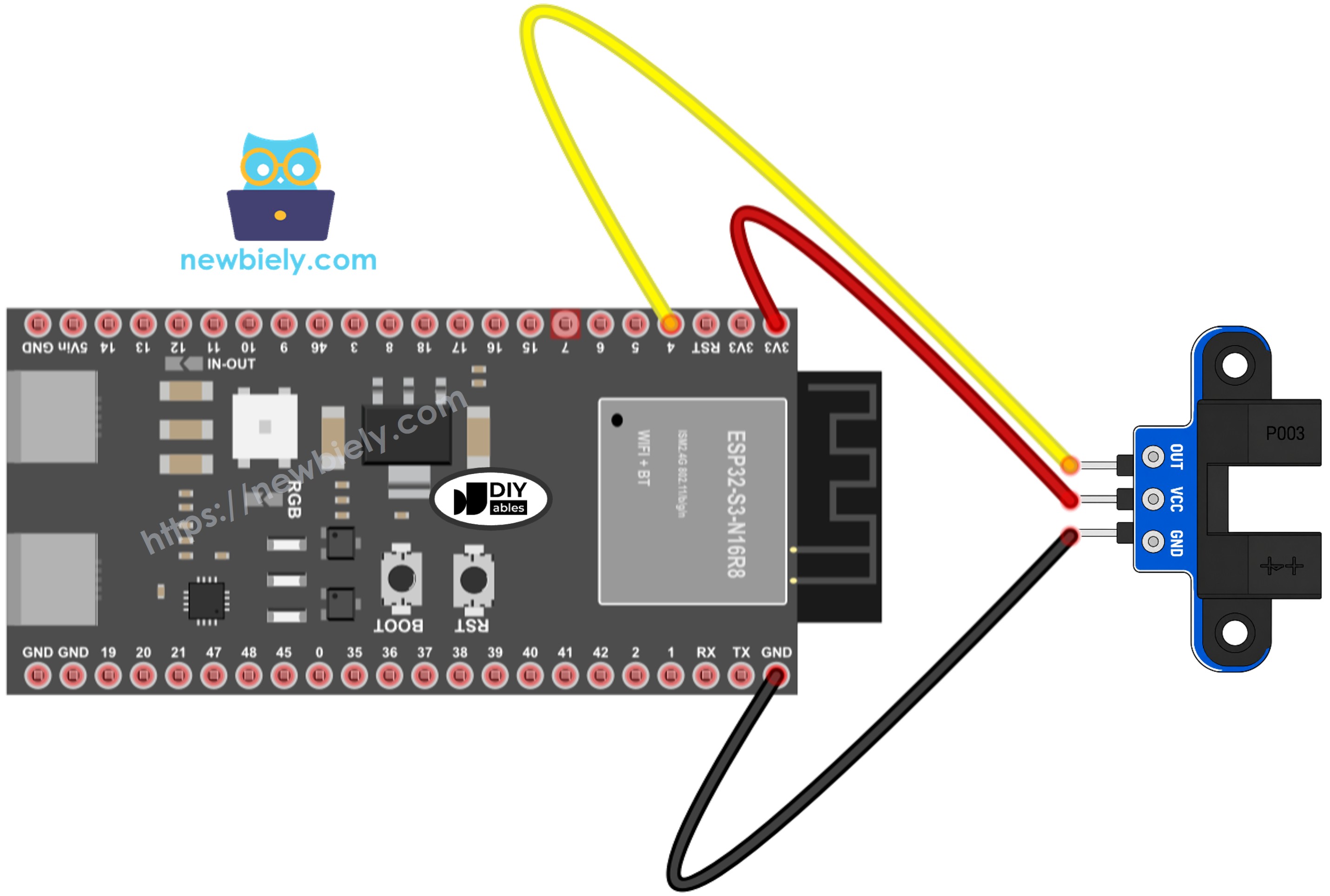 Schéma de câblage ESP32 S3 capteur de vitesse optique à fente IR