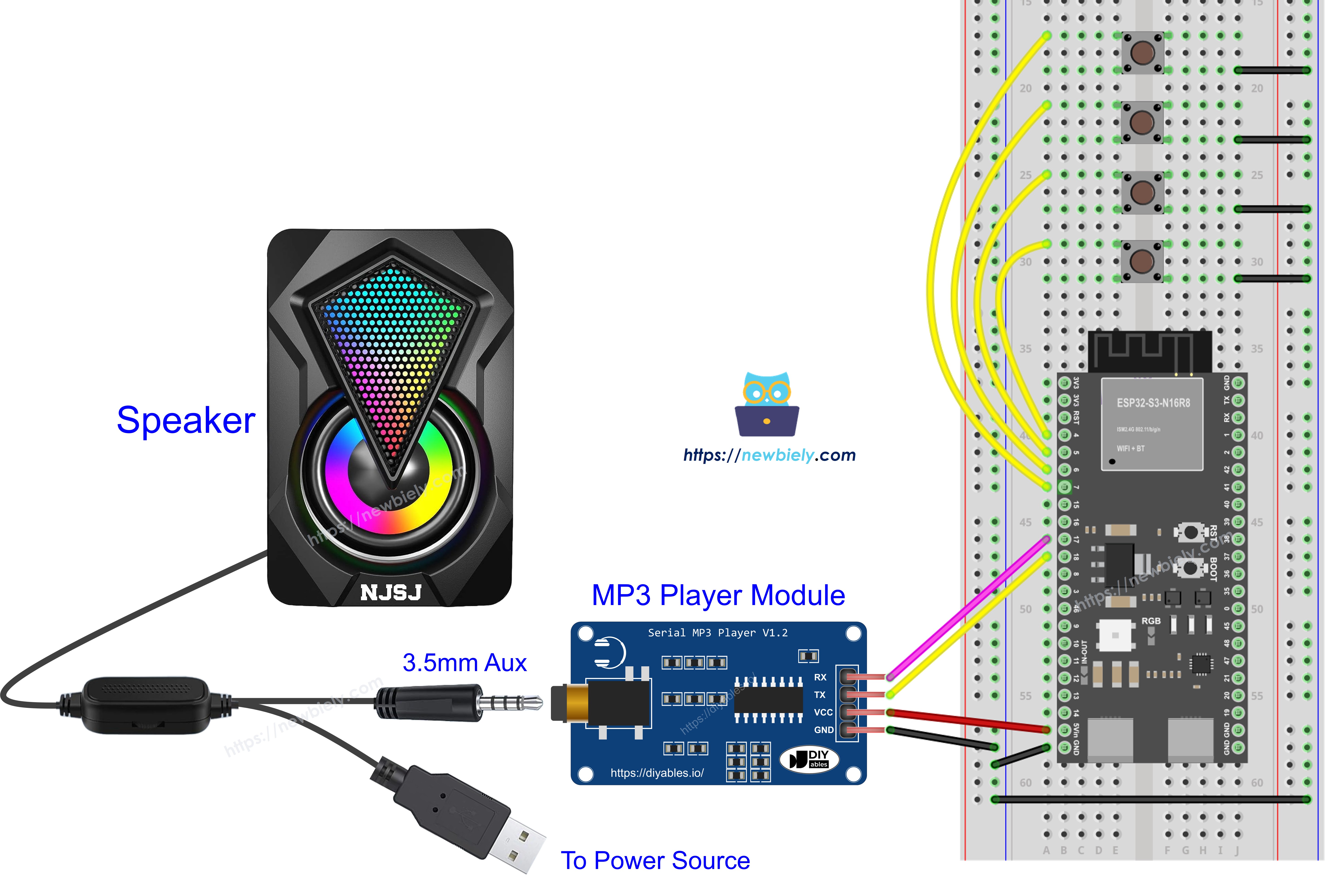 ESP32 S3 MP3 player speaker Wiring Diagram