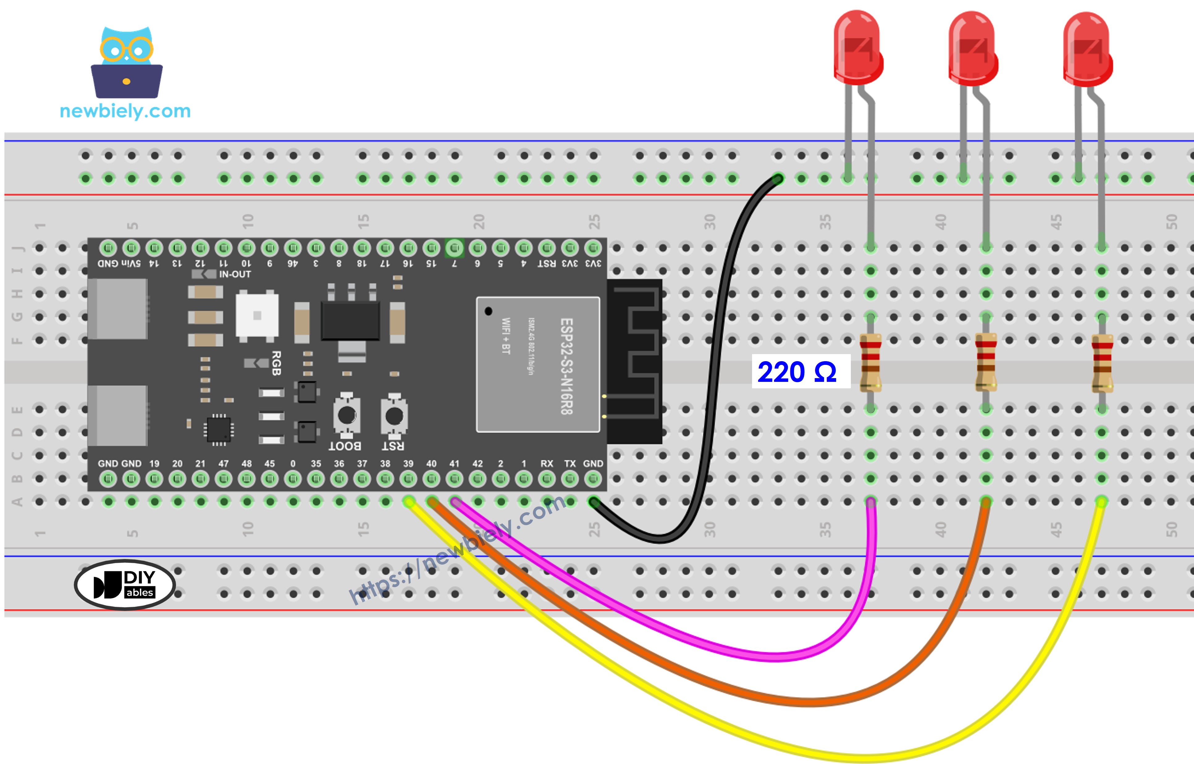 Schéma de câblage de plusieurs LED sur ESP32 S3