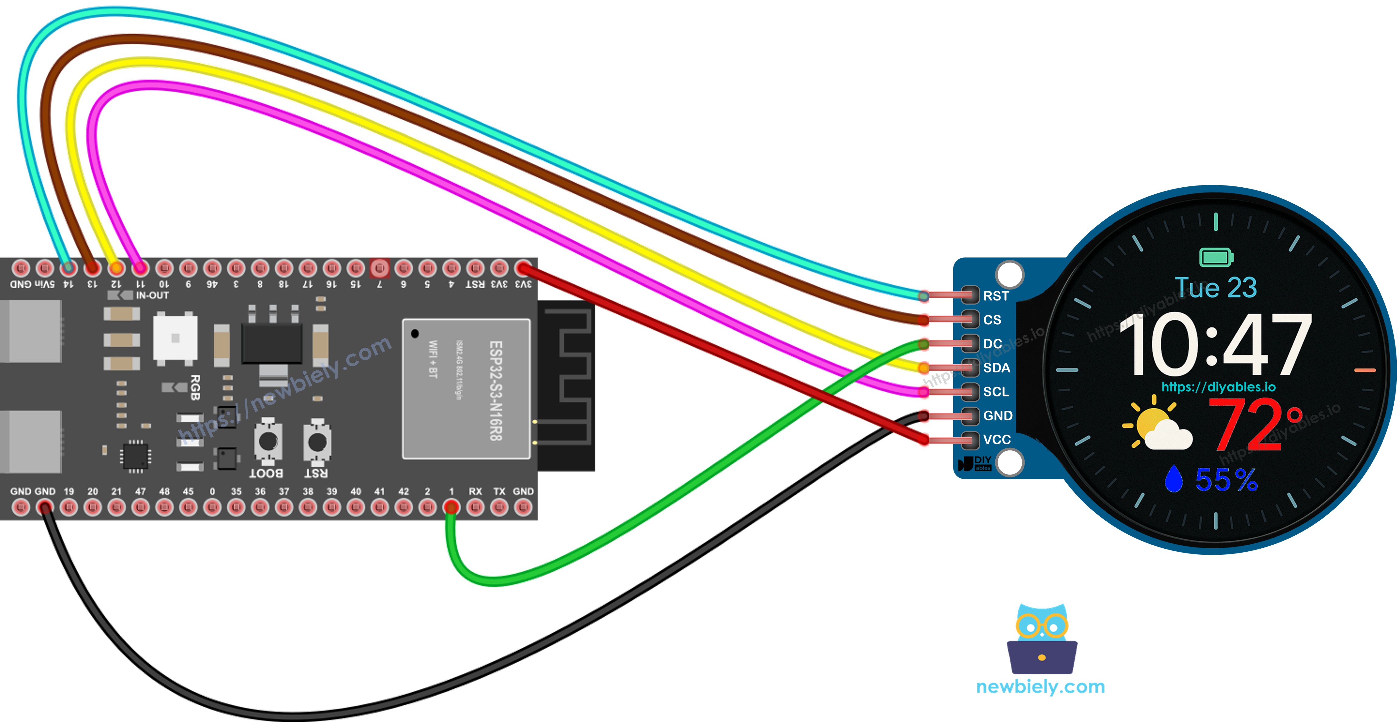 ESP32 S3 1.28 Inch Round Circular TFT LCD Display Screen Wiring Diagram