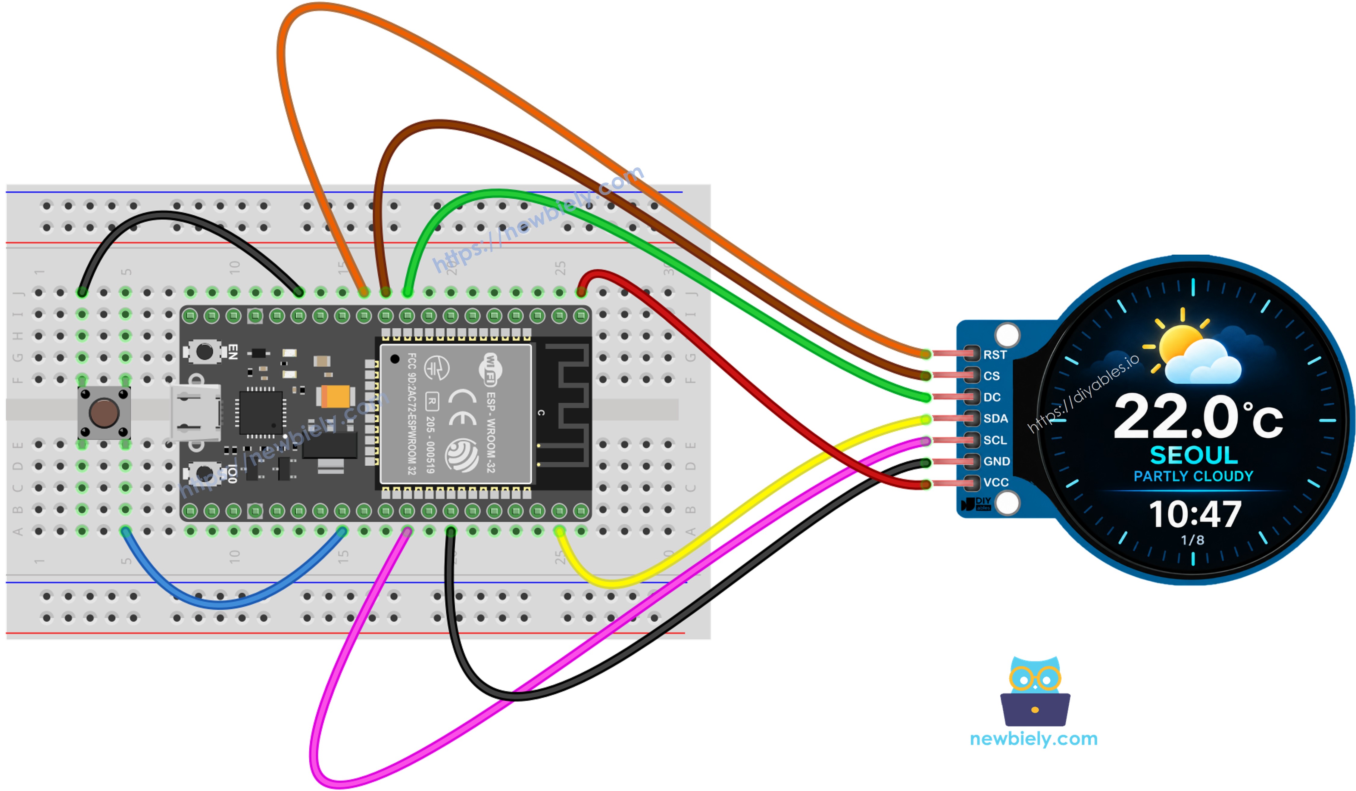 Schéma de câblage de la station météo intelligente ESP32 avec bouton-poussoir