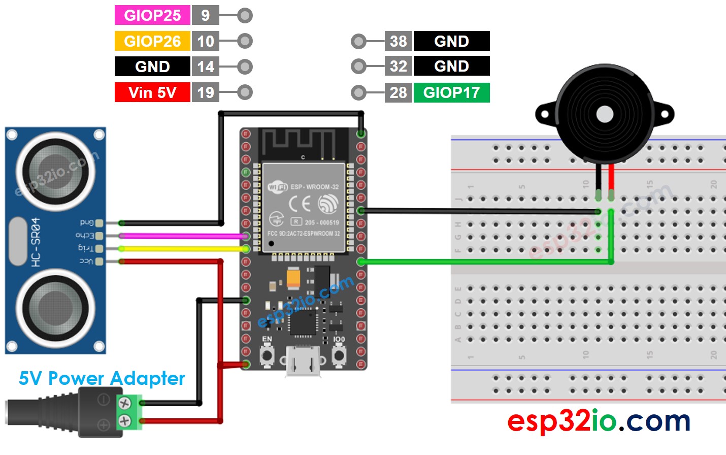 Schéma de câblage du capteur ultrasonique ESP32 avec buzzer piézo et adaptateur d'alimentation 5V