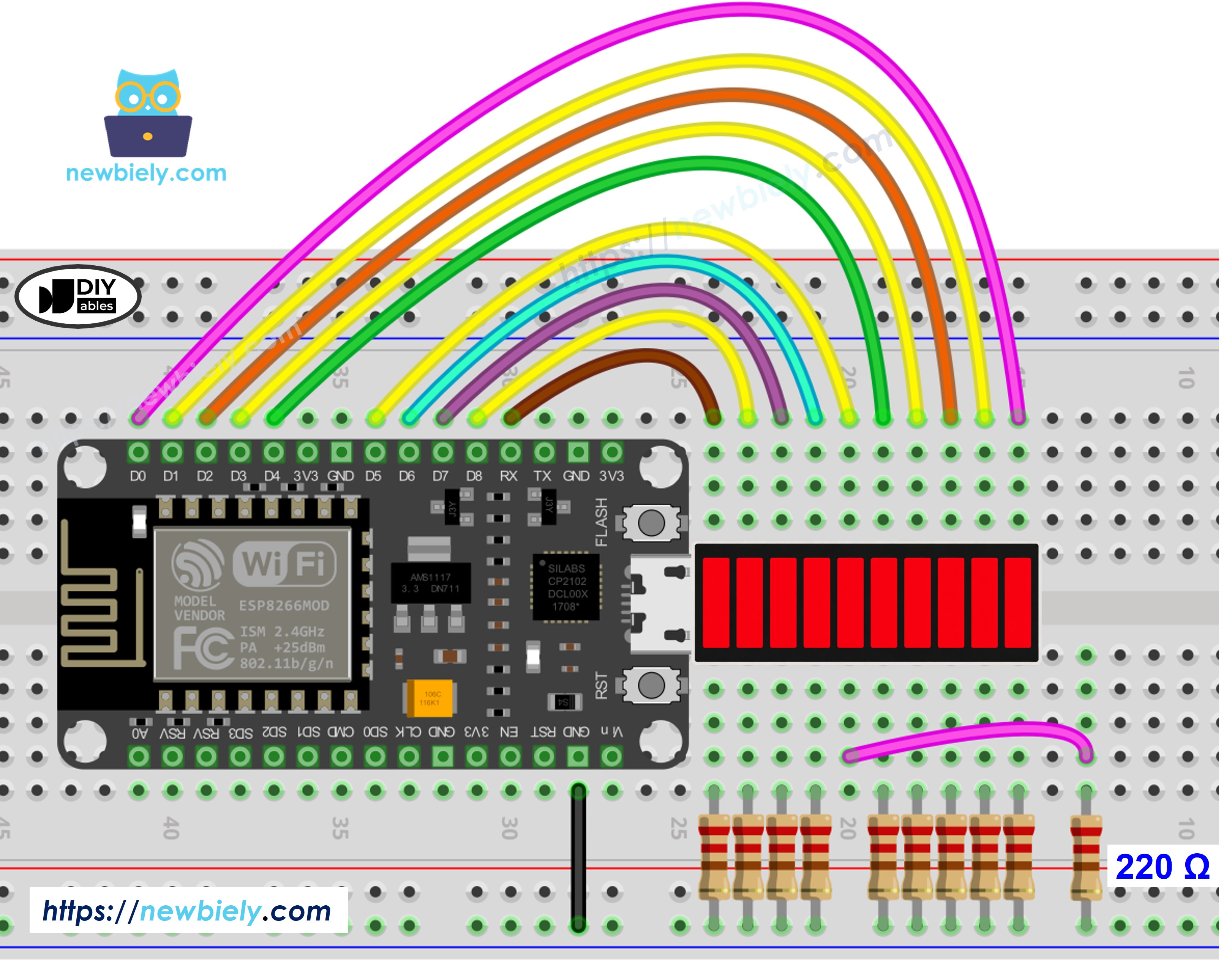 Schéma de câblage ESP8266 NodeMCU NodeMCU et bargraphe LED à 10 segments