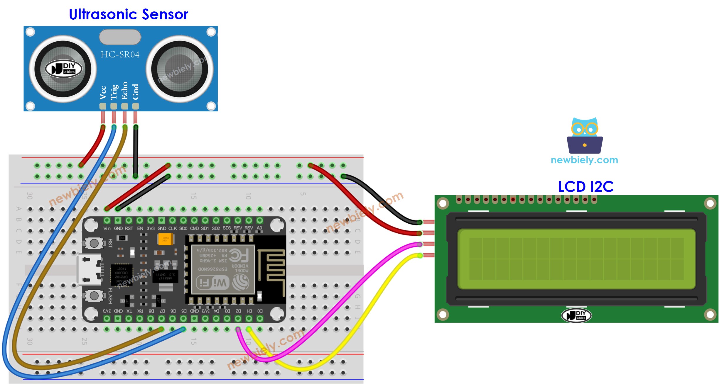 Schéma de câblage du capteur de distance ESP8266 NodeMCU avec écran LCD