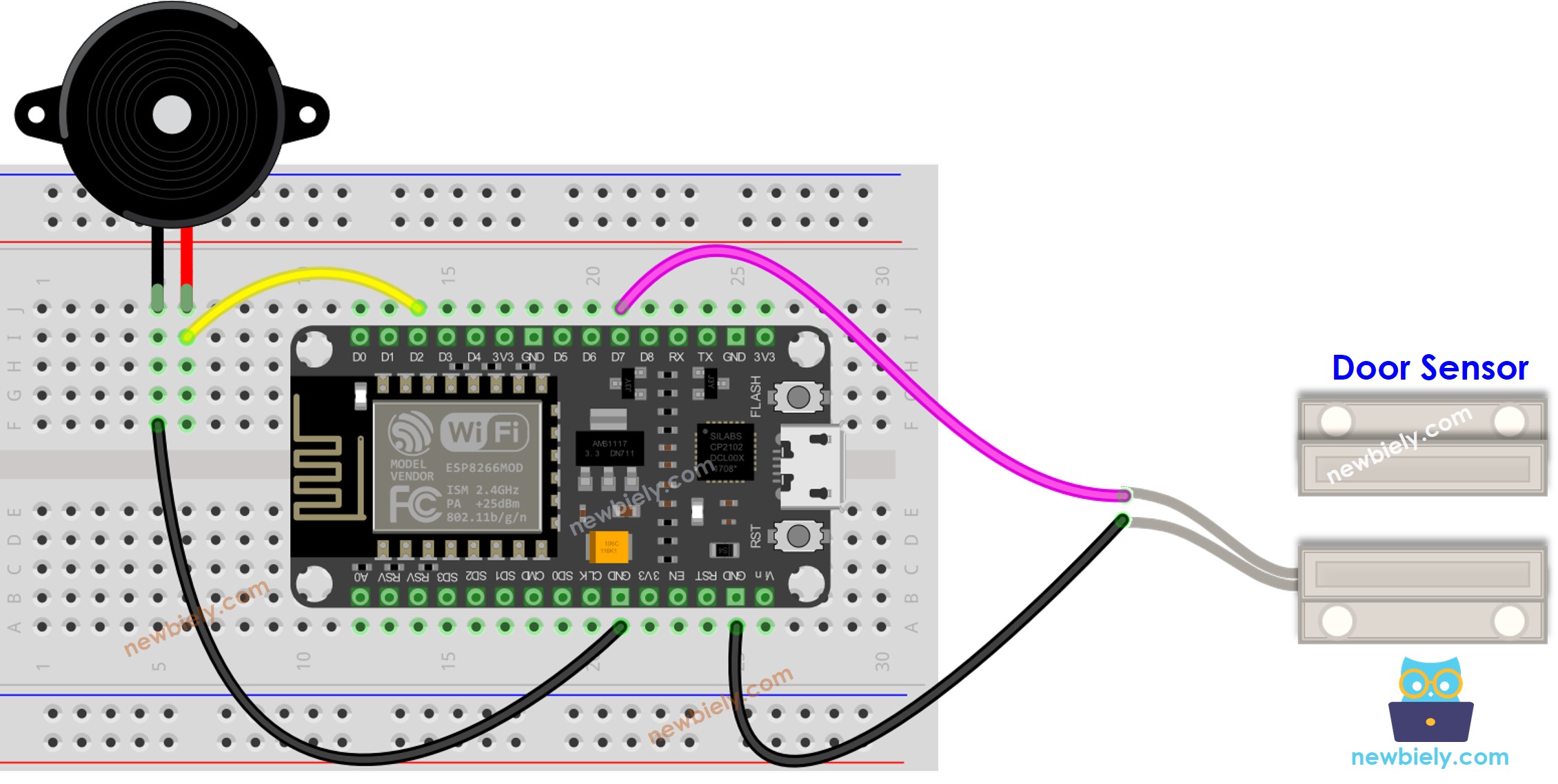 Schéma de câblage du capteur de porte ESP8266 NodeMCU avec buzzer piézo