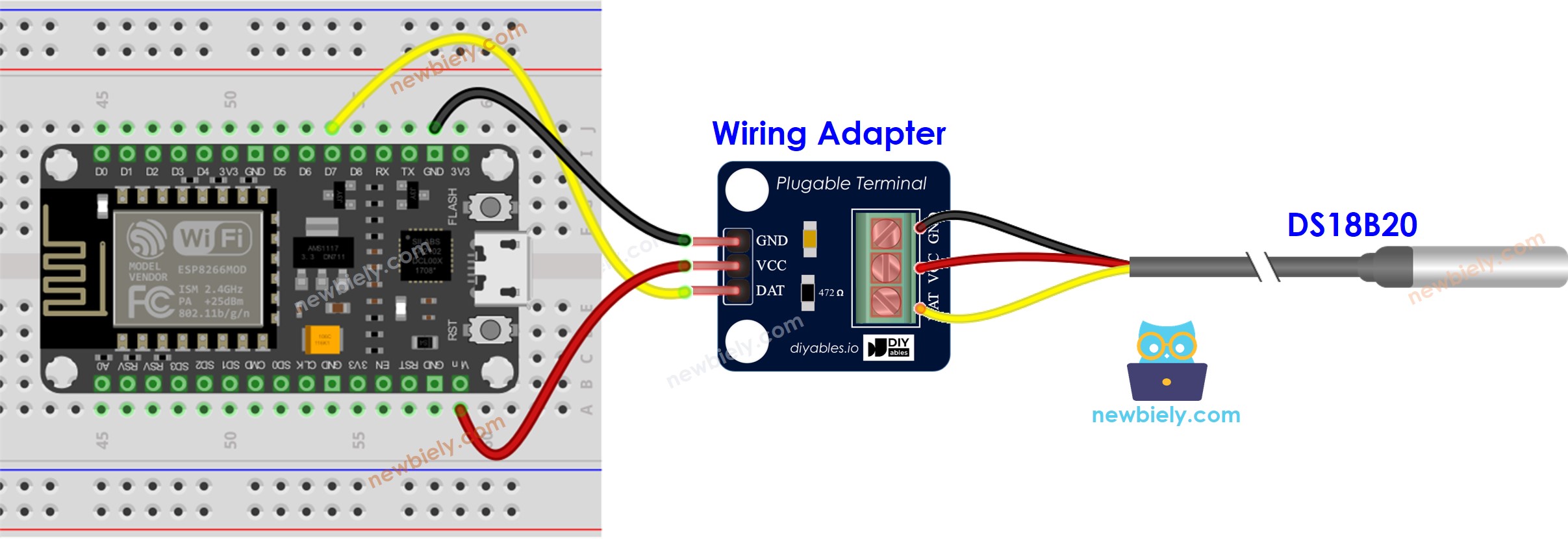 Schéma de câblage du capteur de température DS18B20 pour serveur Web ESP8266 NodeMCU