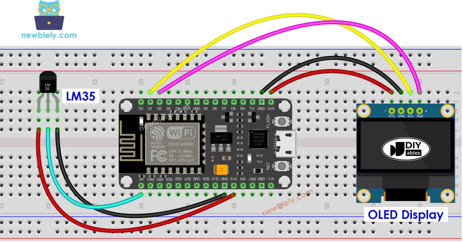 Schéma de câblage de l'ESP8266 NodeMCU avec capteur de température LM35 et OLED