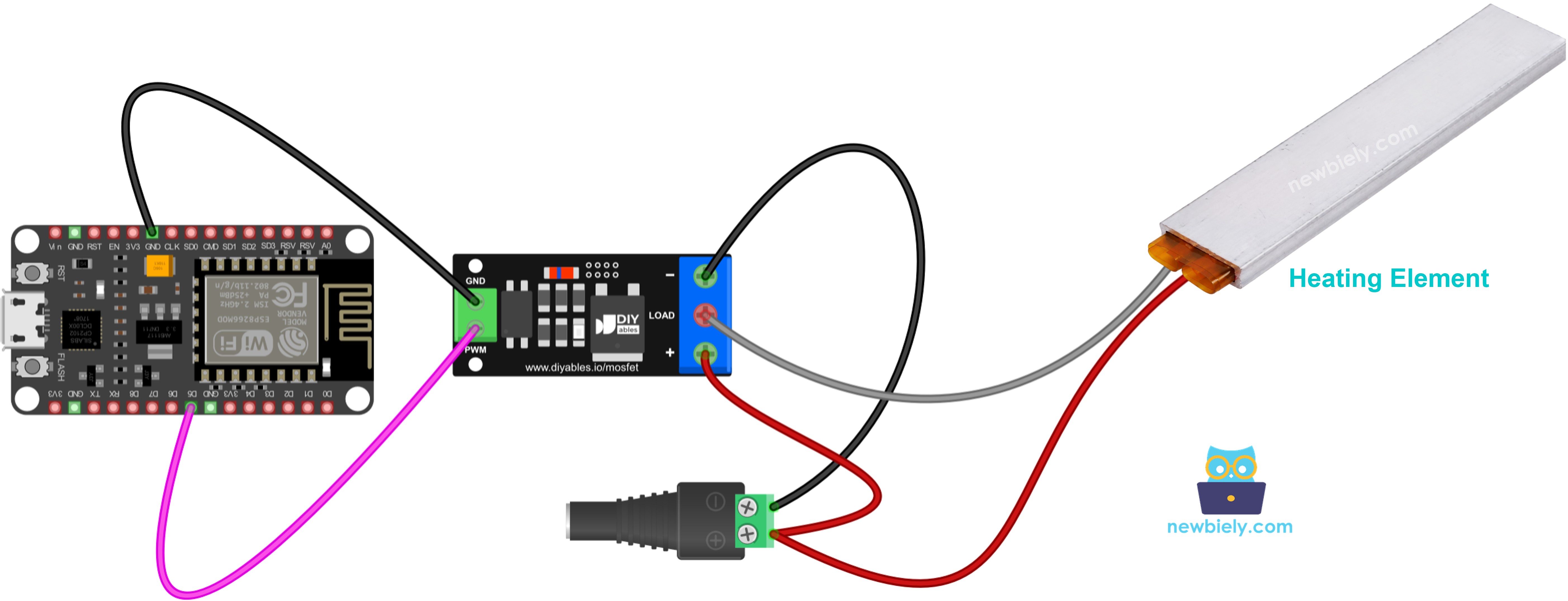 Schéma de câblage ESP8266 NodeMCU NodeMCU, élément chauffant et module MOSFET