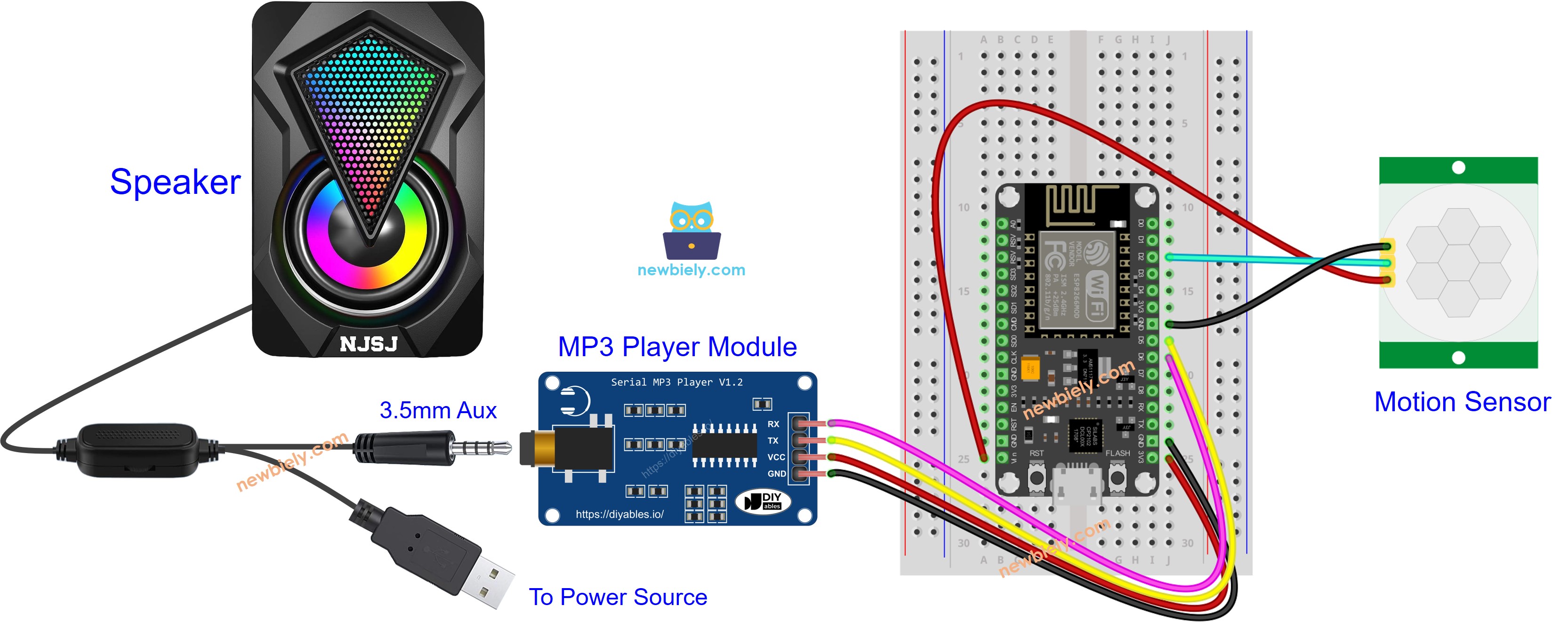 Schéma de câblage du lecteur MP3 avec capteur de mouvement ESP8266 NodeMCU