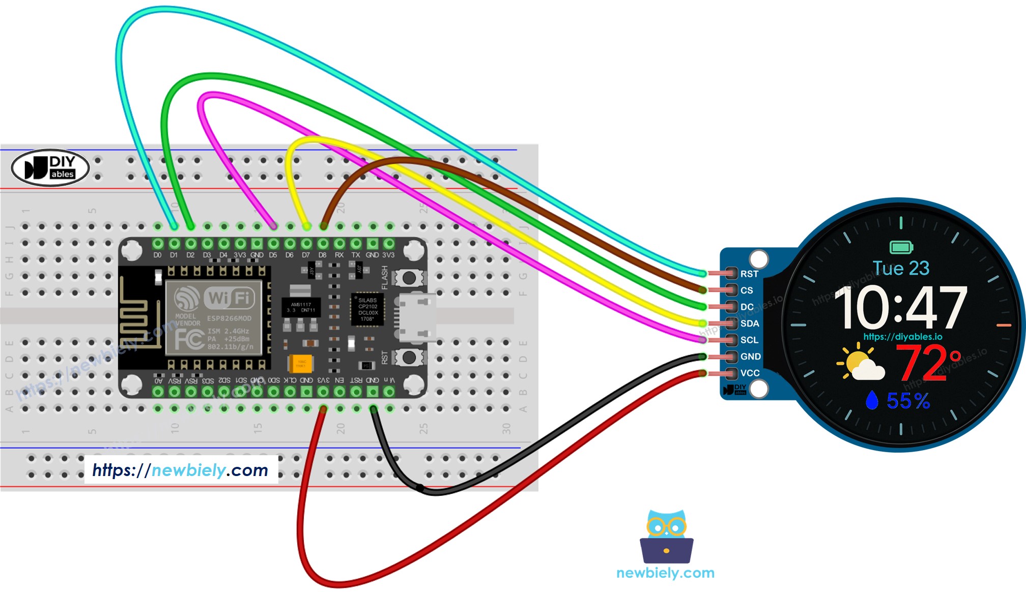 ESP8266 NodeMCU schéma de câblage de l'écran TFT LCD rond de 1,28 pouces