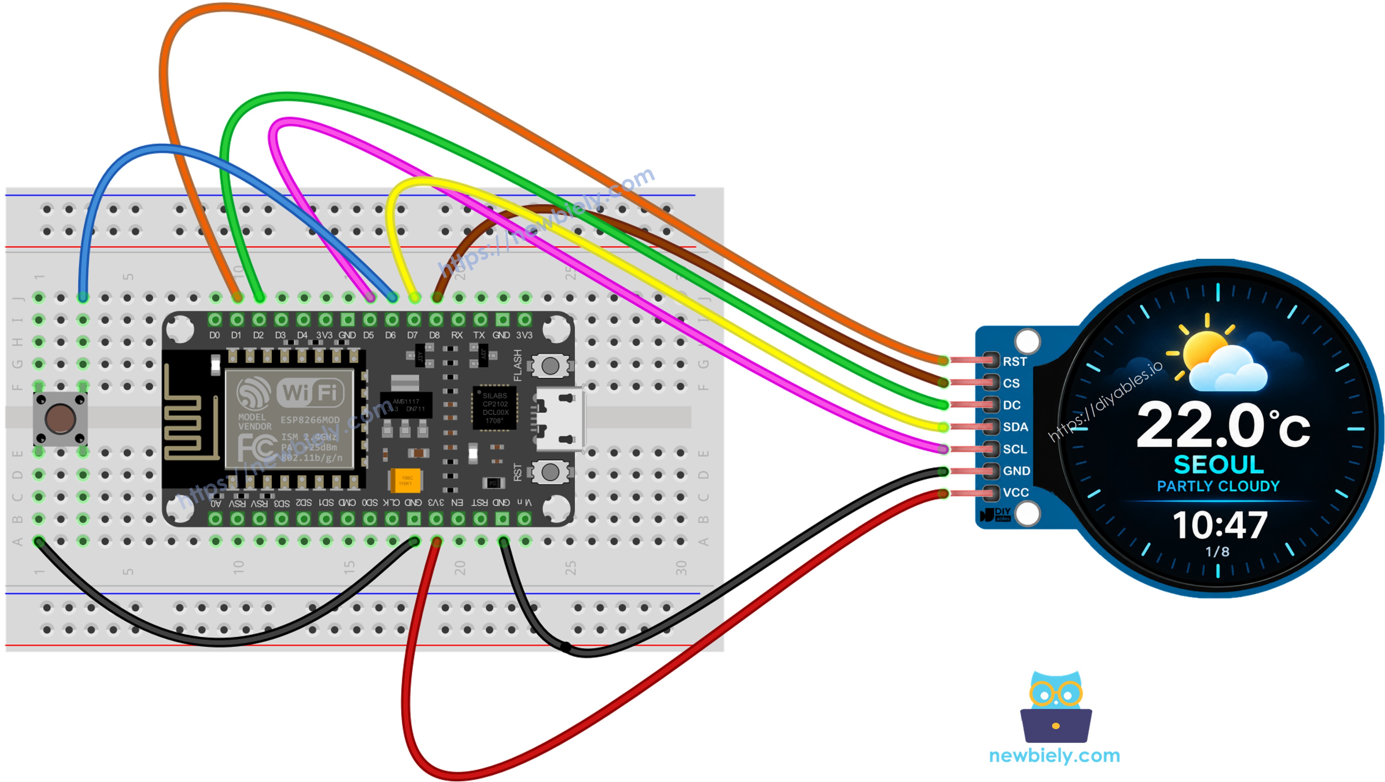 Schéma de câblage de la station météo intelligente ESP8266 NodeMCU avec bouton-poussoir
