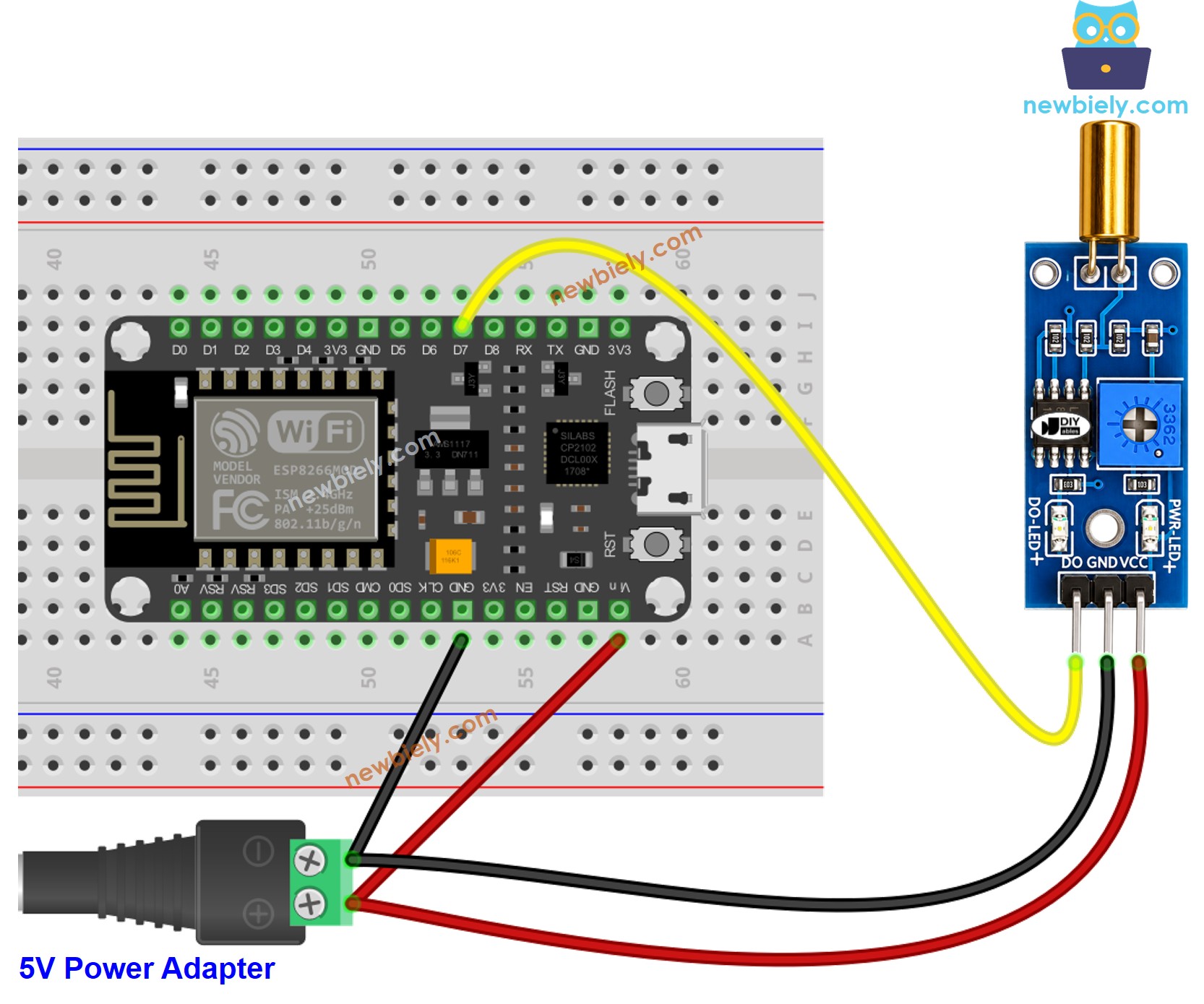 Schéma de Câblage Vin ESP8266 NodeMCU Capteur d'Inclinaison SW520D