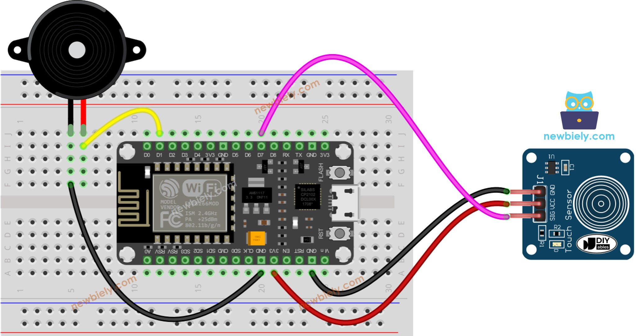 Schéma de câblage du capteur tactile ESP8266 NodeMCU et du buzzer piézoélectrique