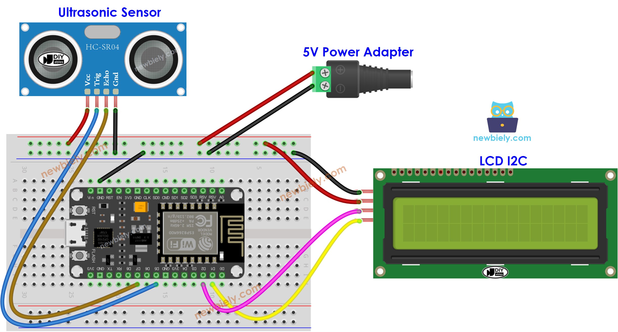 Schéma de câblage supplémentaire pour capteur ultrasonique ESP8266 NodeMCU avec écran LCD