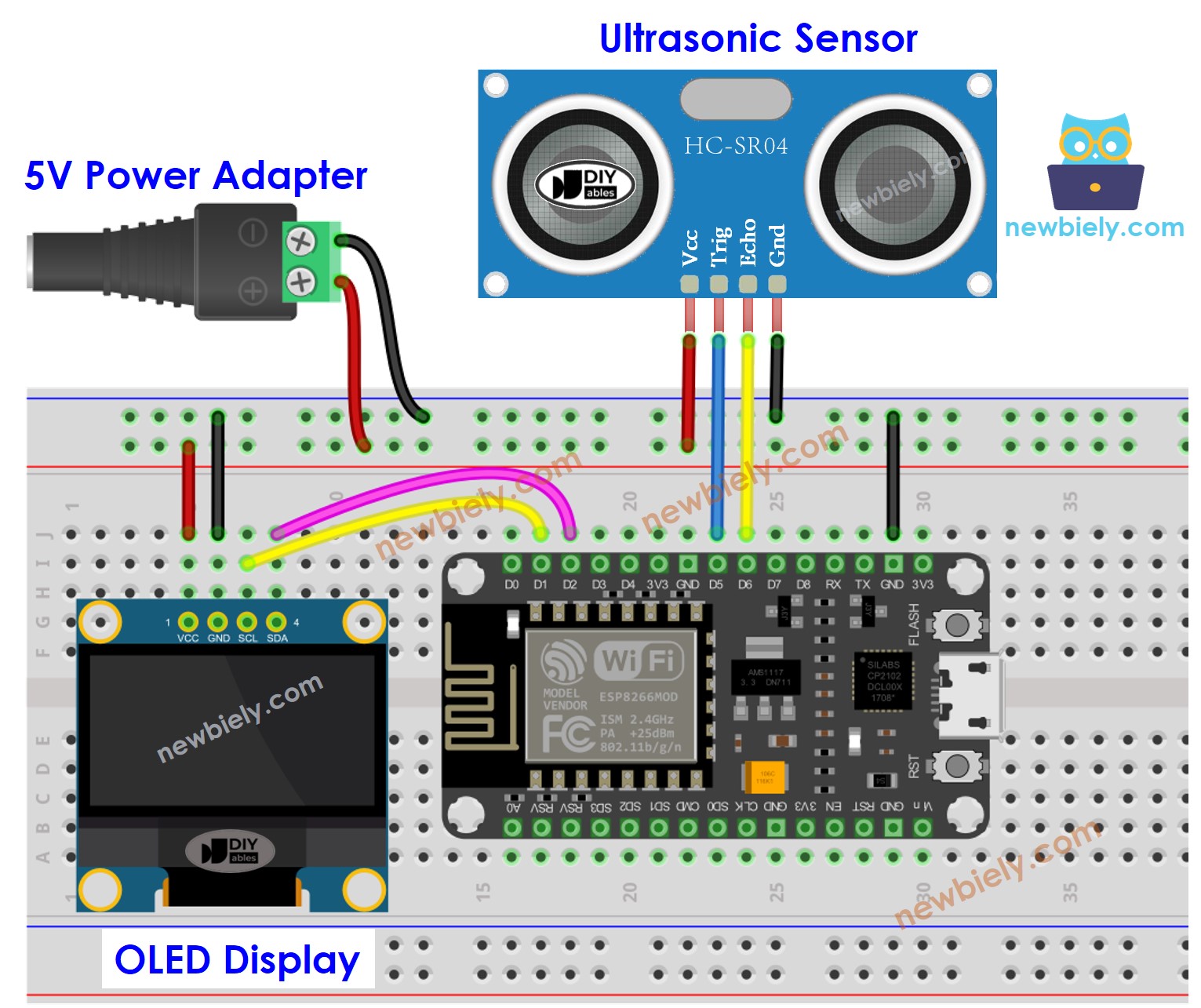 Schéma de câblage de l'alimentation externe du capteur ultrasonique ESP8266 NodeMCU OLED