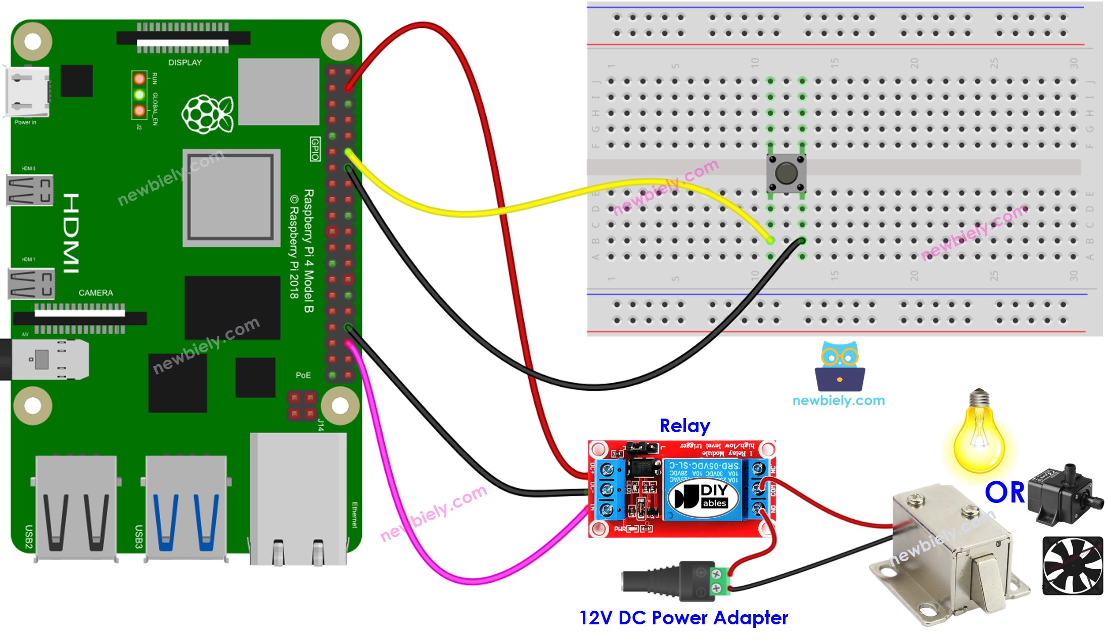 Schéma de câblage du relais à bouton Raspberry Pi