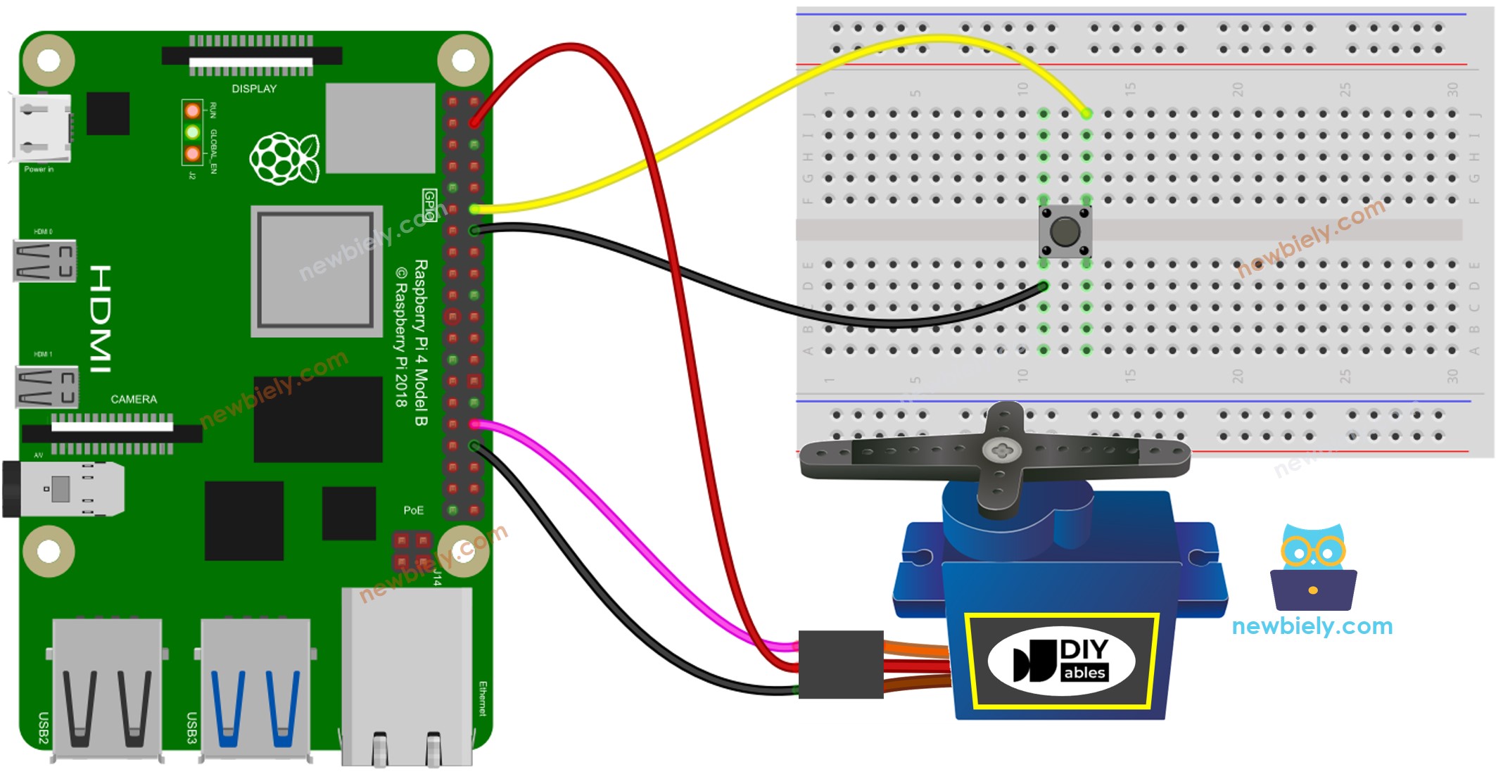 Schéma de câblage du bouton Raspberry Pi avec servomoteur