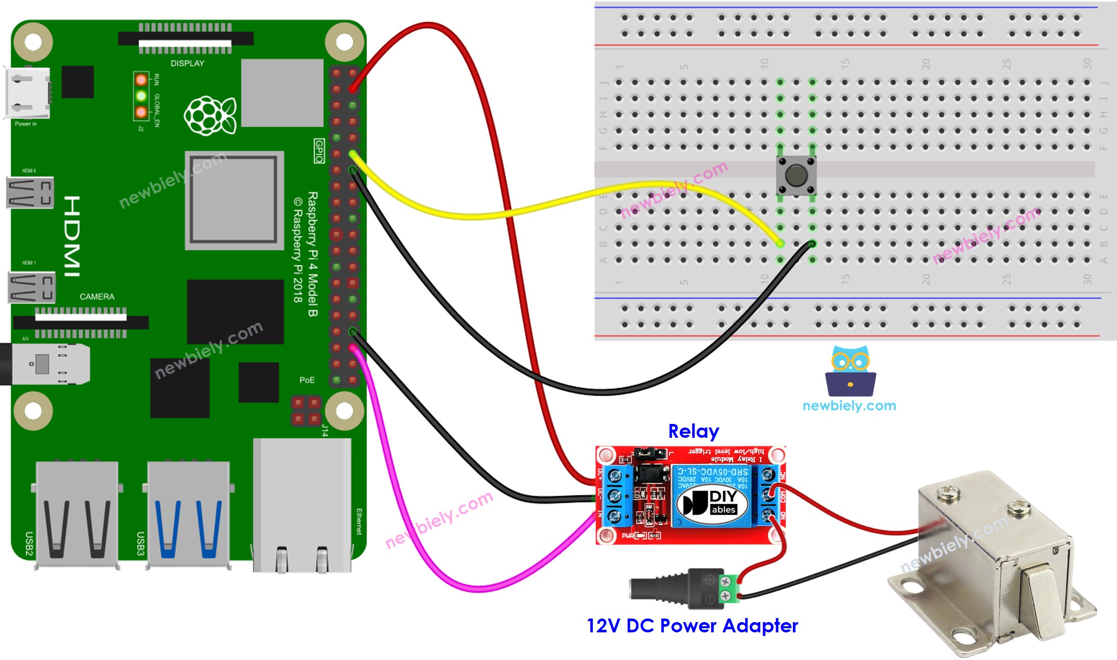 Schéma de câblage du verrou à solénoïde à bouton Raspberry Pi