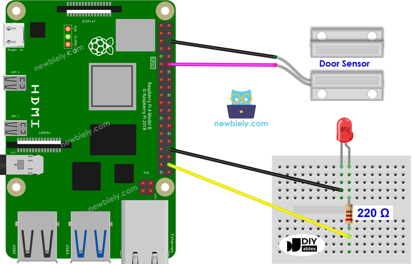 Schéma de câblage du capteur de porte LED Raspberry Pi