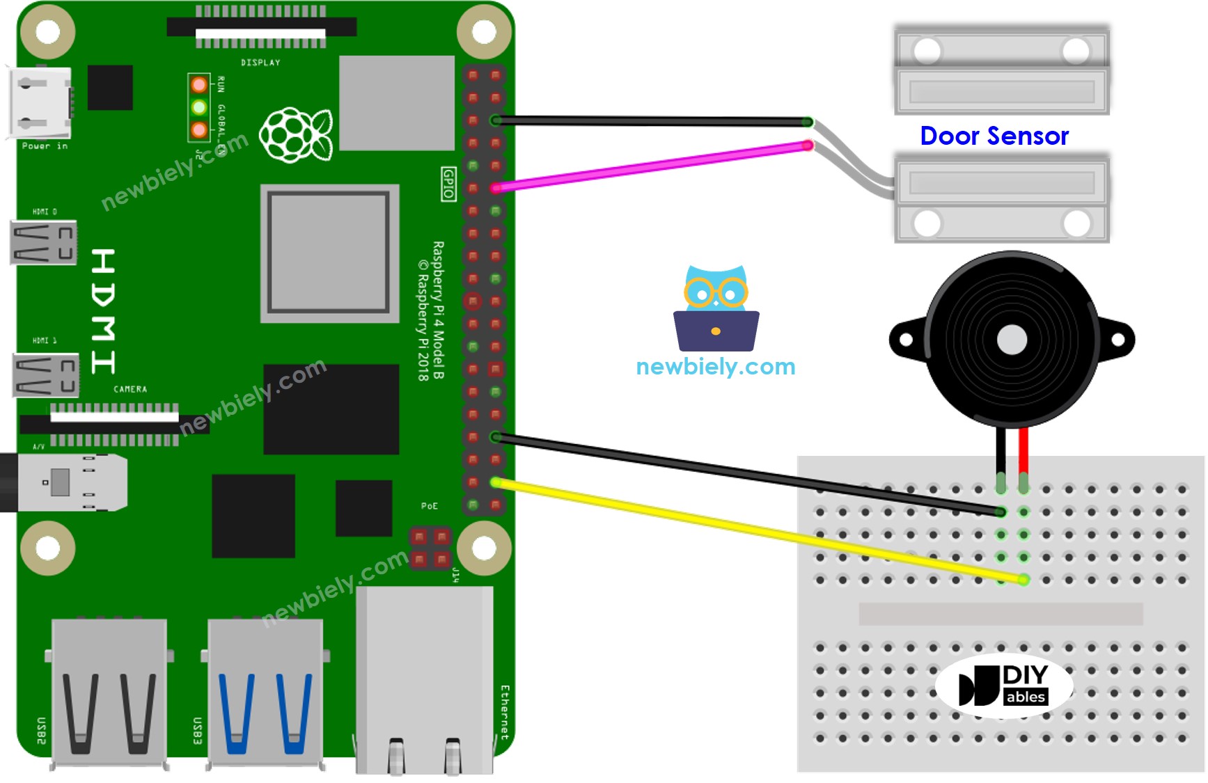 Schéma de câblage du capteur de porte Raspberry Pi avec buzzer piézoélectrique