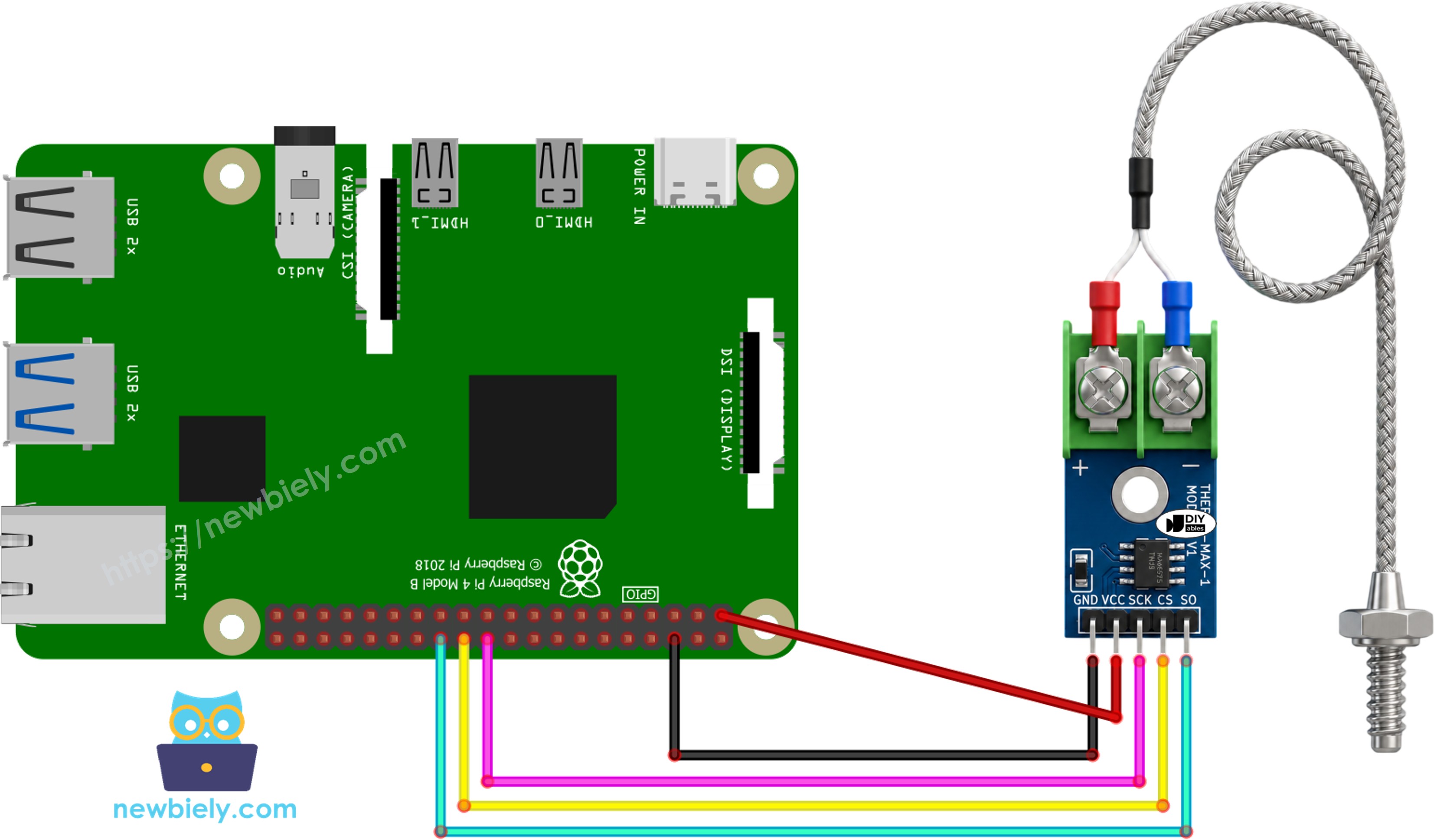 Schéma de câblage Raspberry Pi module thermocouple MAX6675