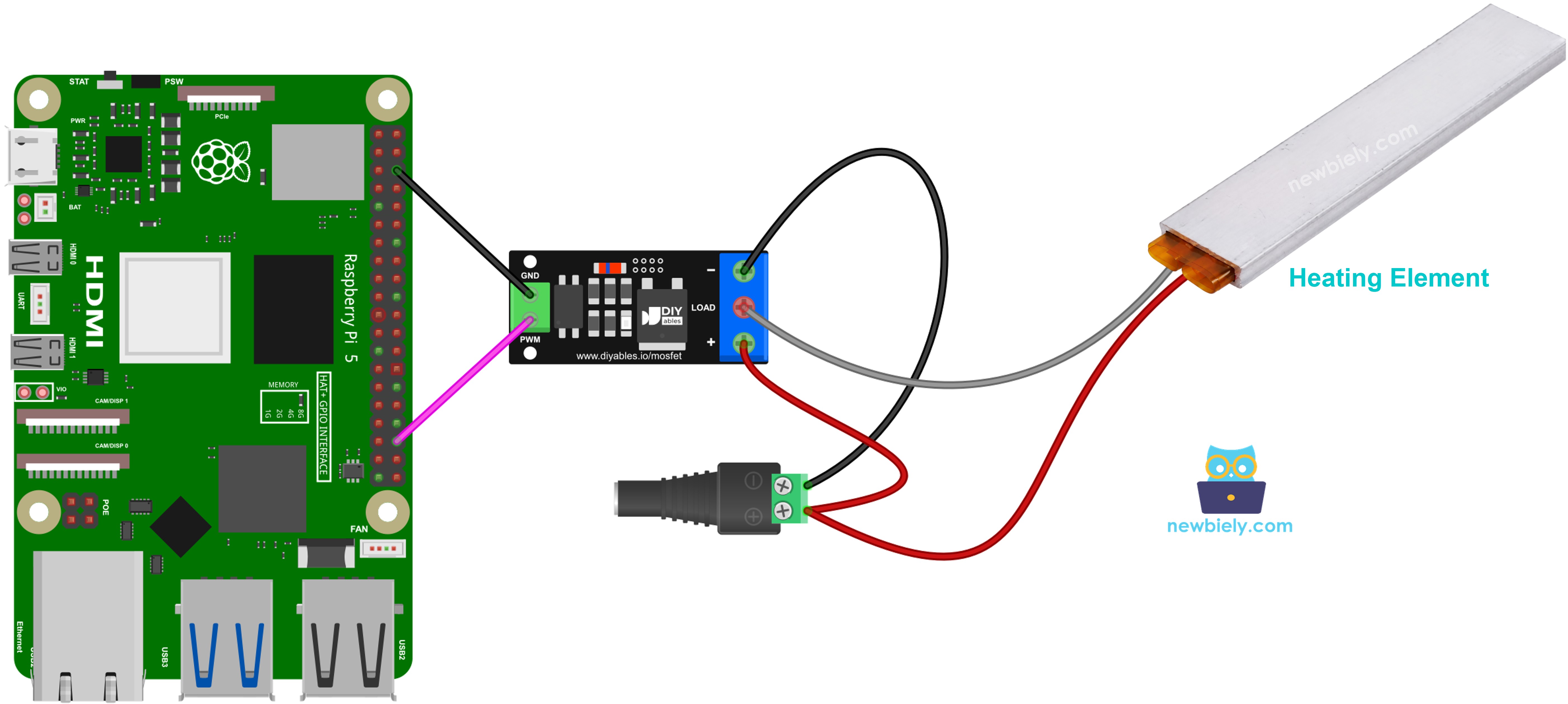 Schéma de câblage de l'élément chauffant Raspberry Pi avec module MOSFET