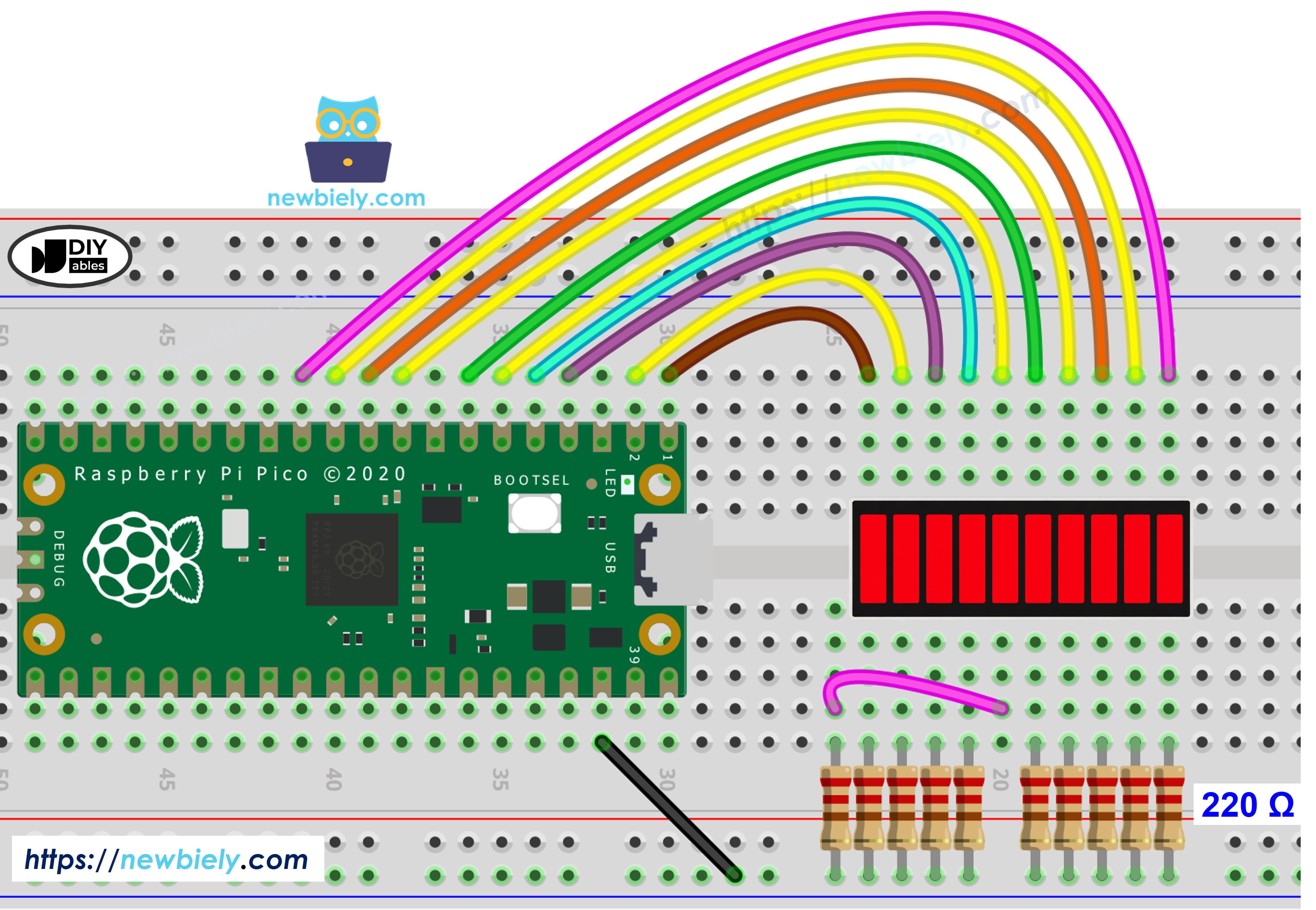 Schéma de câblage du Raspberry Pi Pico et du bargraphe LED à 10 segments