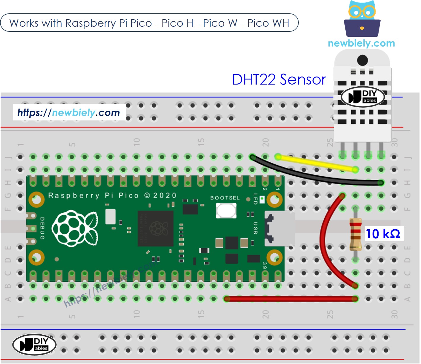 Schéma de câblage du capteur de température et d'humidité DHT22 pour Raspberry Pi Pico