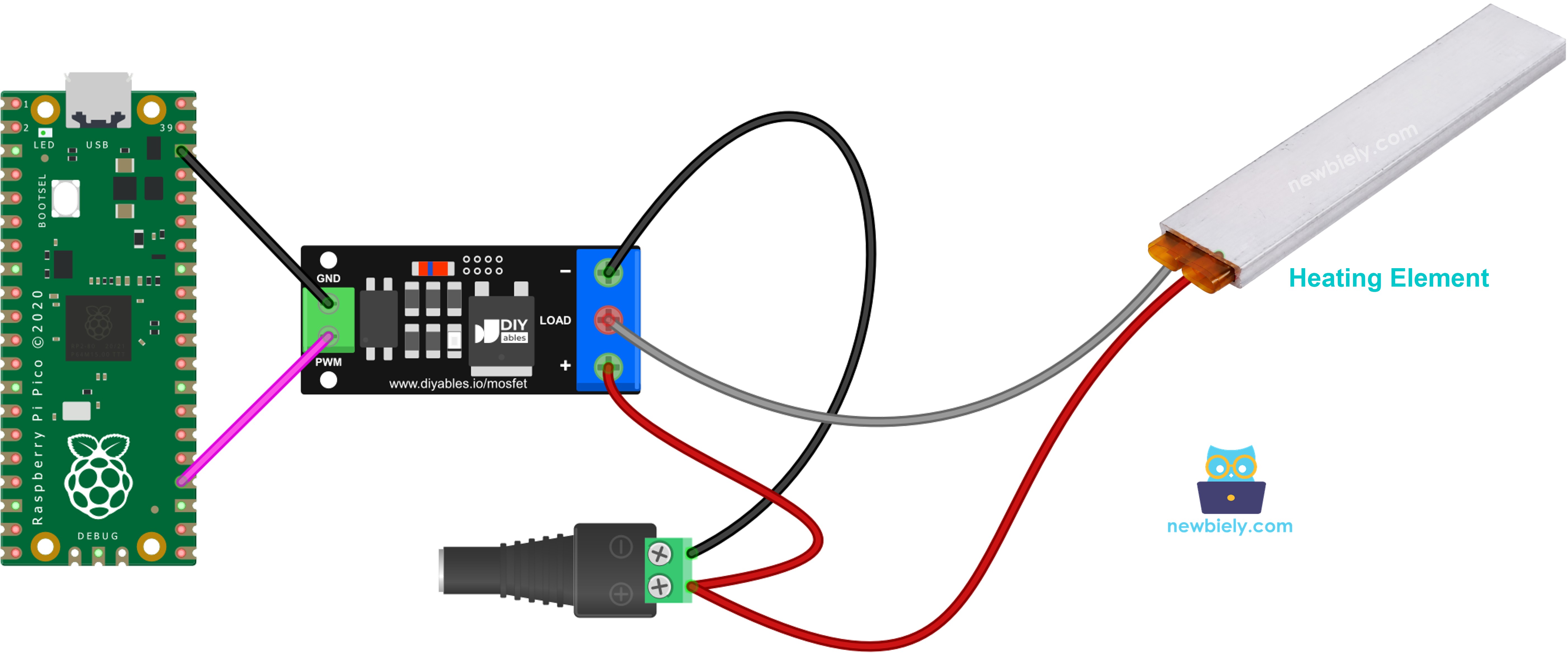 Schéma de câblage de l'élément chauffant Raspberry Pi Pico avec module MOSFET