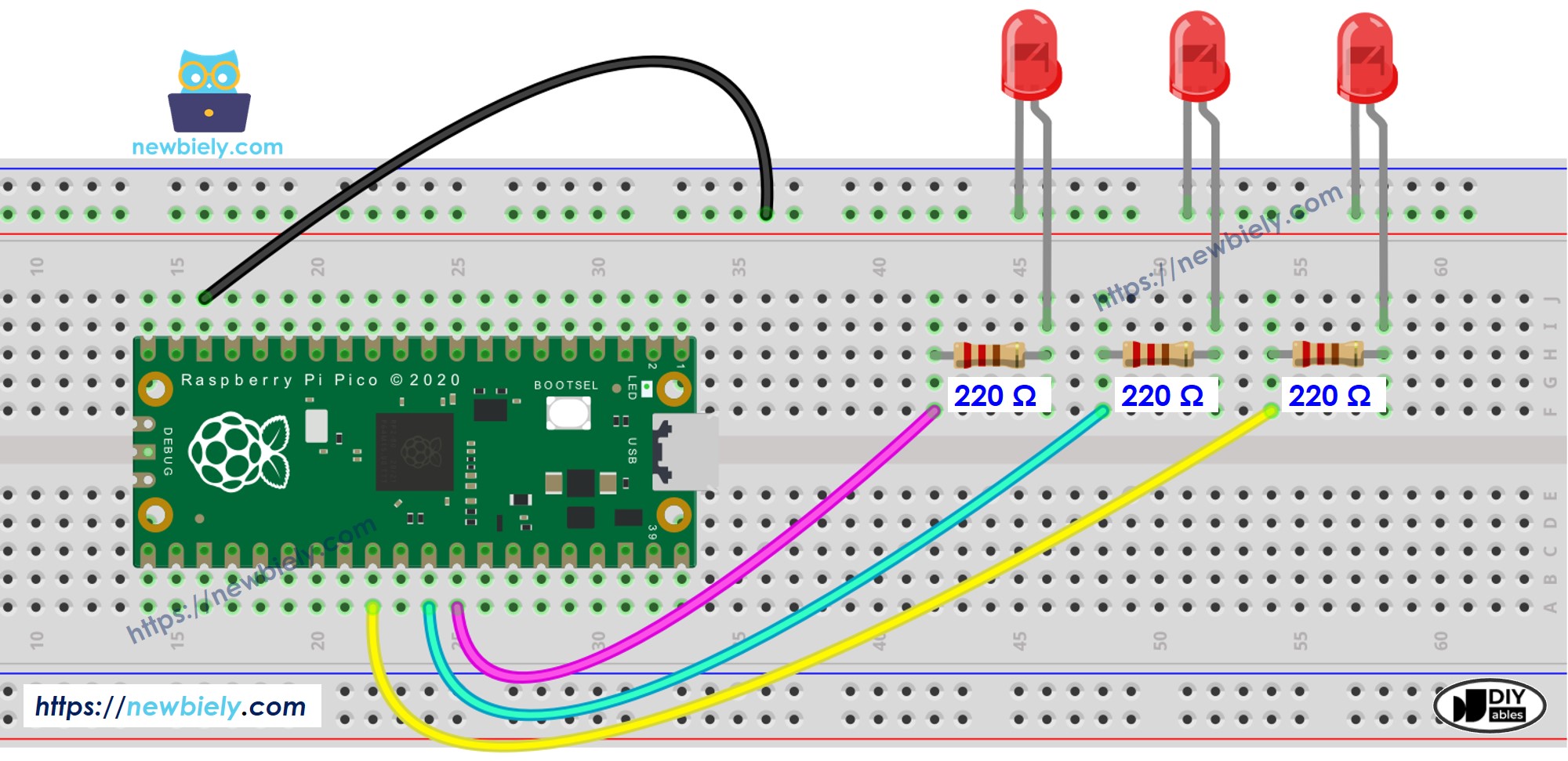 Schéma de câblage de plusieurs LEDs pour Raspberry Pi Pico