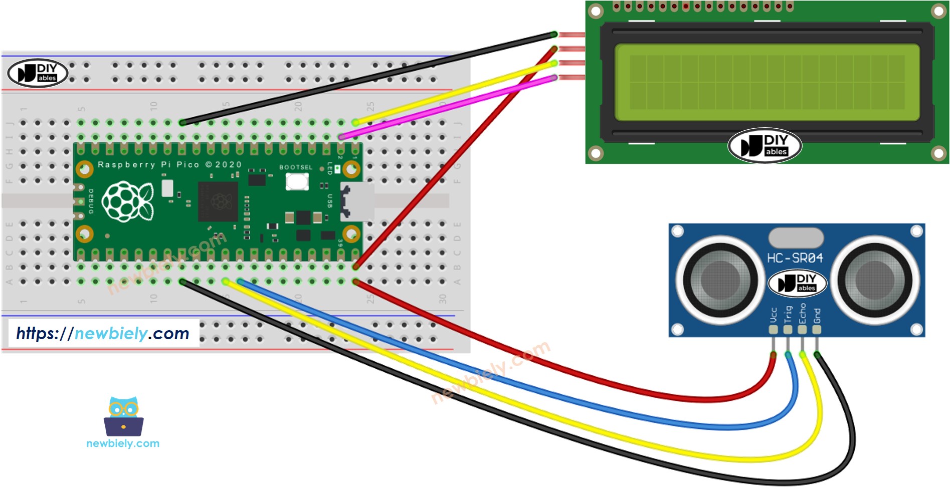 Schéma de câblage LCD ultrasonique pour Raspberry Pi Pico