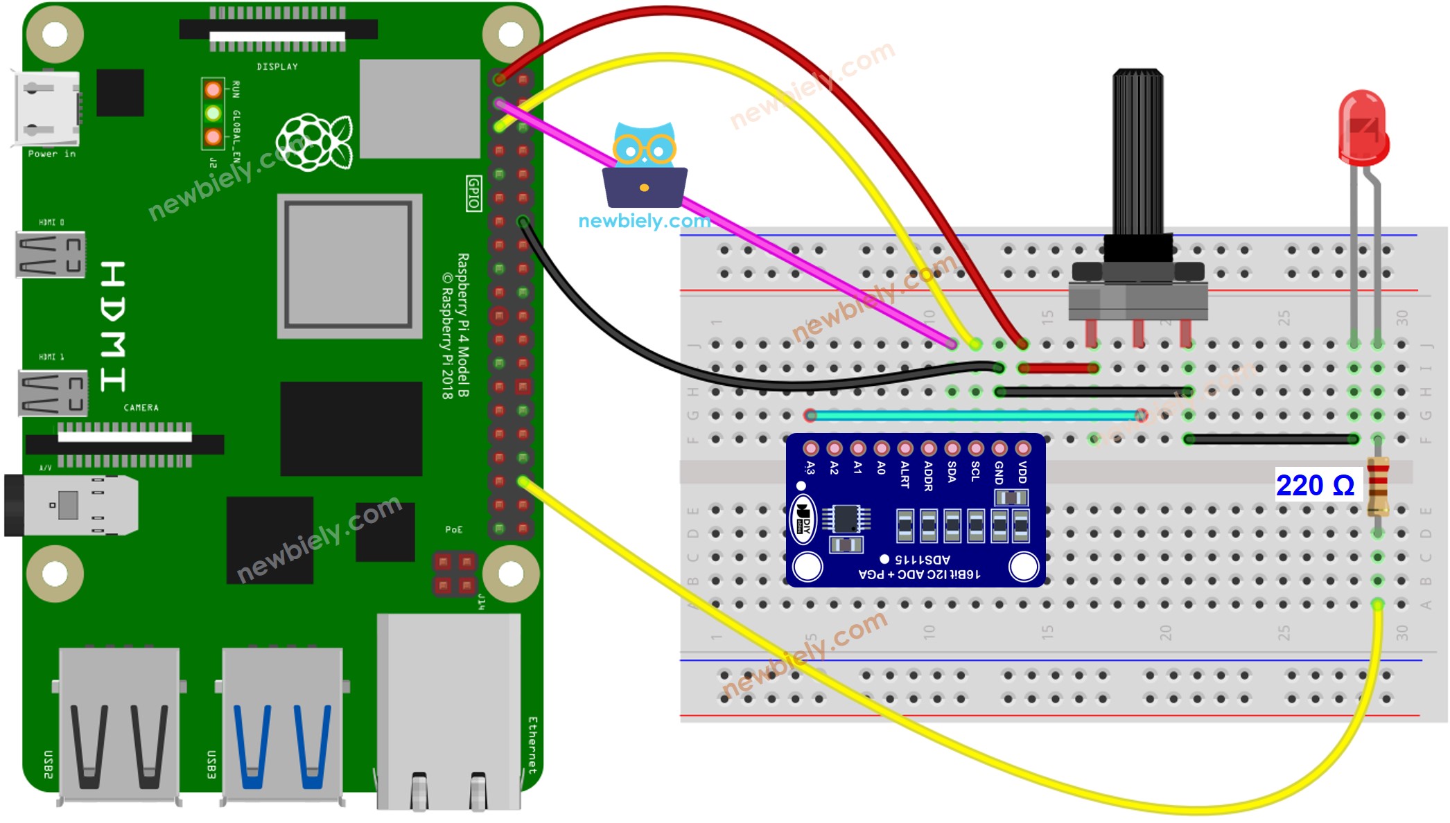 Diagramme de câblage LED avec potentiomètre Raspberry Pi