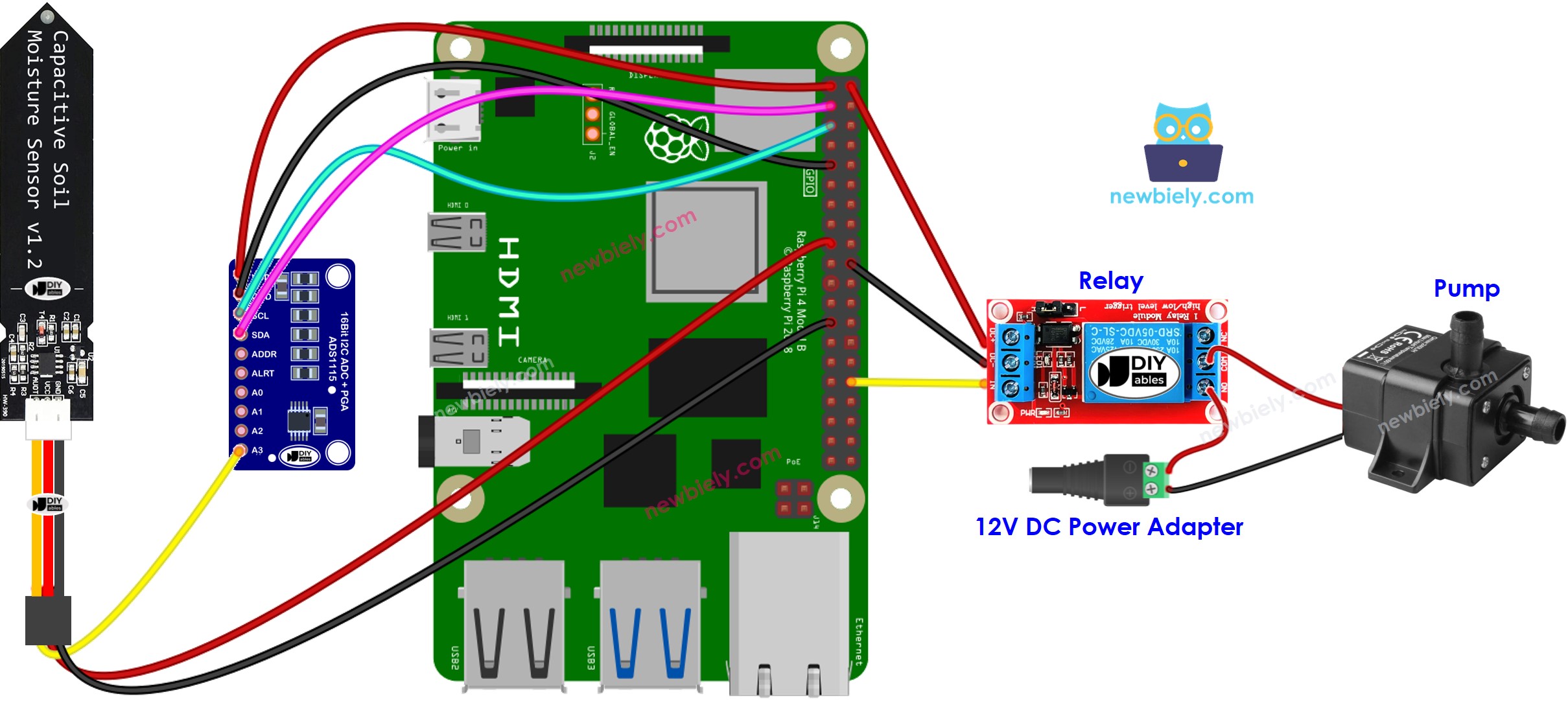 Diagramme de câblage de la pompe du capteur d'humidité du sol Raspberry Pi