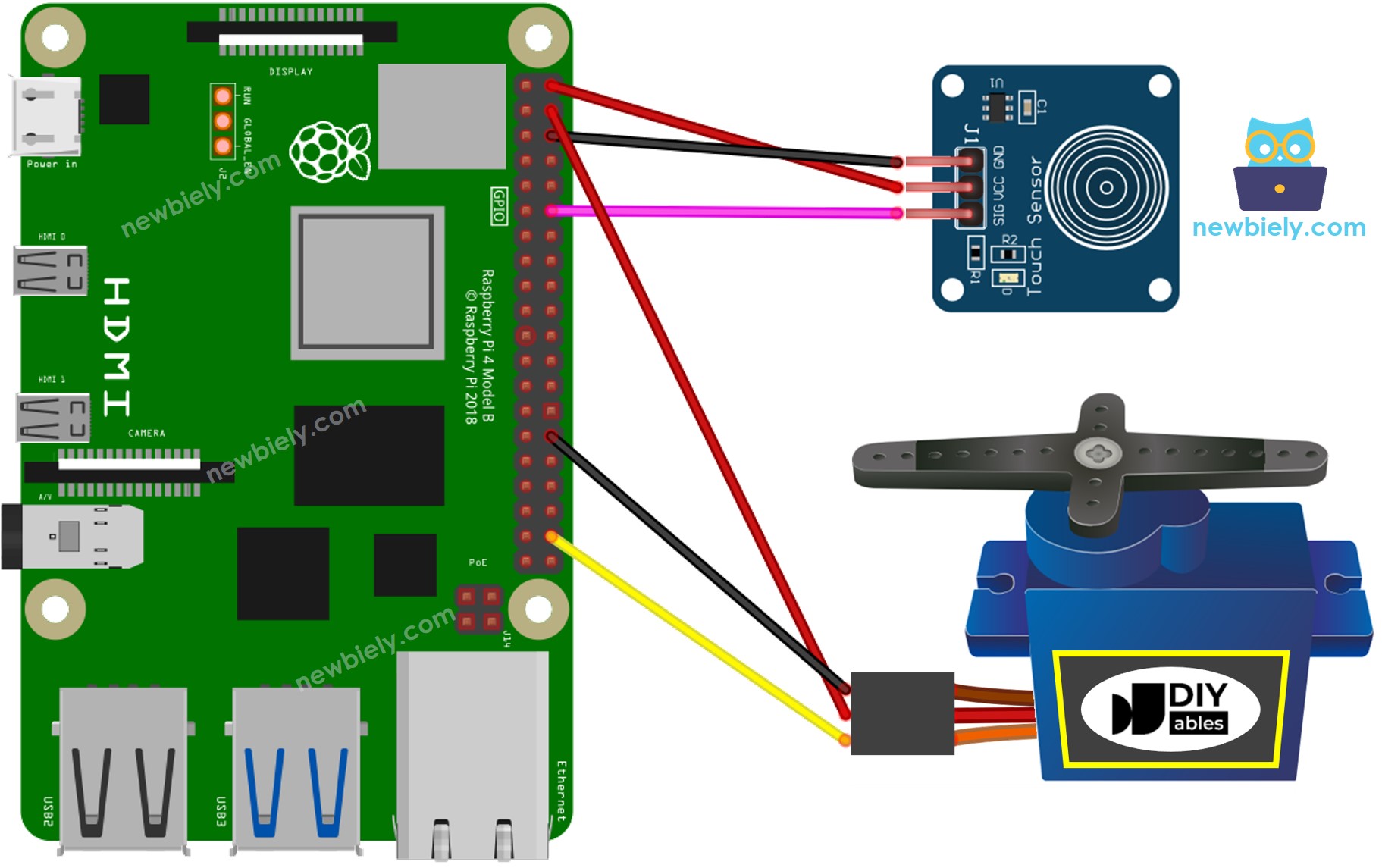 Schéma de câblage du capteur tactile Raspberry Pi et moteur servo