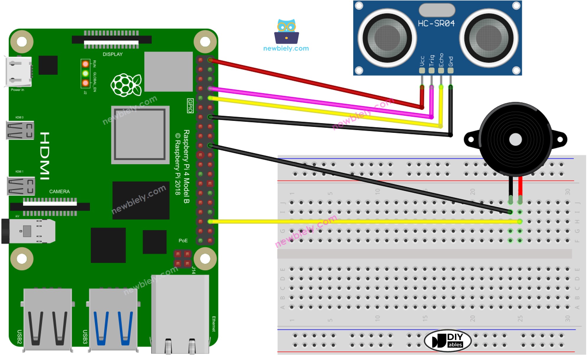 Diagramme de câblage du capteur à ultrasons Raspberry Pi avec buzzer piézoélectrique